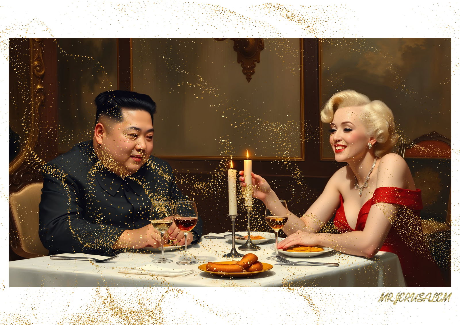 "Mr.Jerusalem, "Kim Jong Un having dinner with Marilyn Monroe-D2" "Original, A2 Poster print, : Original A2 Poster Digital print on paper, Solid Finishing: Classic (250 gsm gloss) Artist Digital signature Stamped / seal Watermark seal Sizes- 420 X594mm Sold unframed