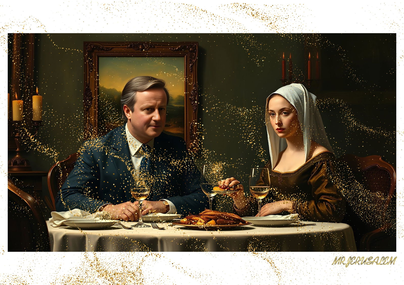 "Mr.Jerusalem, "David Cameron having dinner with Mona Lisa-D1" "Original, A2 Poster print, sta: Original A2 Poster Digital print on paper, Solid Finishing: Classic (250 gsm gloss) Artist Digital signature Stamped / seal Watermark seal Sizes- 420 X594mm Sold unframed