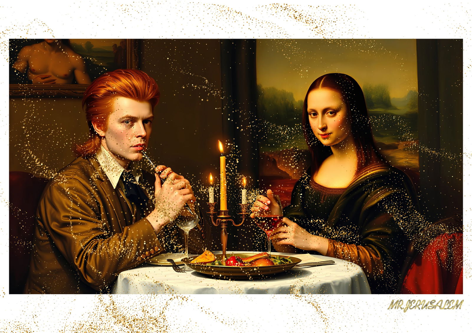 "Mr.Jerusalem, "David Bowie having dinner with Mona Lisa-D1" "Original, A2 Poster print, stamp: Original A2 Poster Digital print on paper, Solid Finishing: Classic (250 gsm gloss) Artist Digital signature Stamped / seal Watermark seal Sizes- 420 X594mm Sold unframed