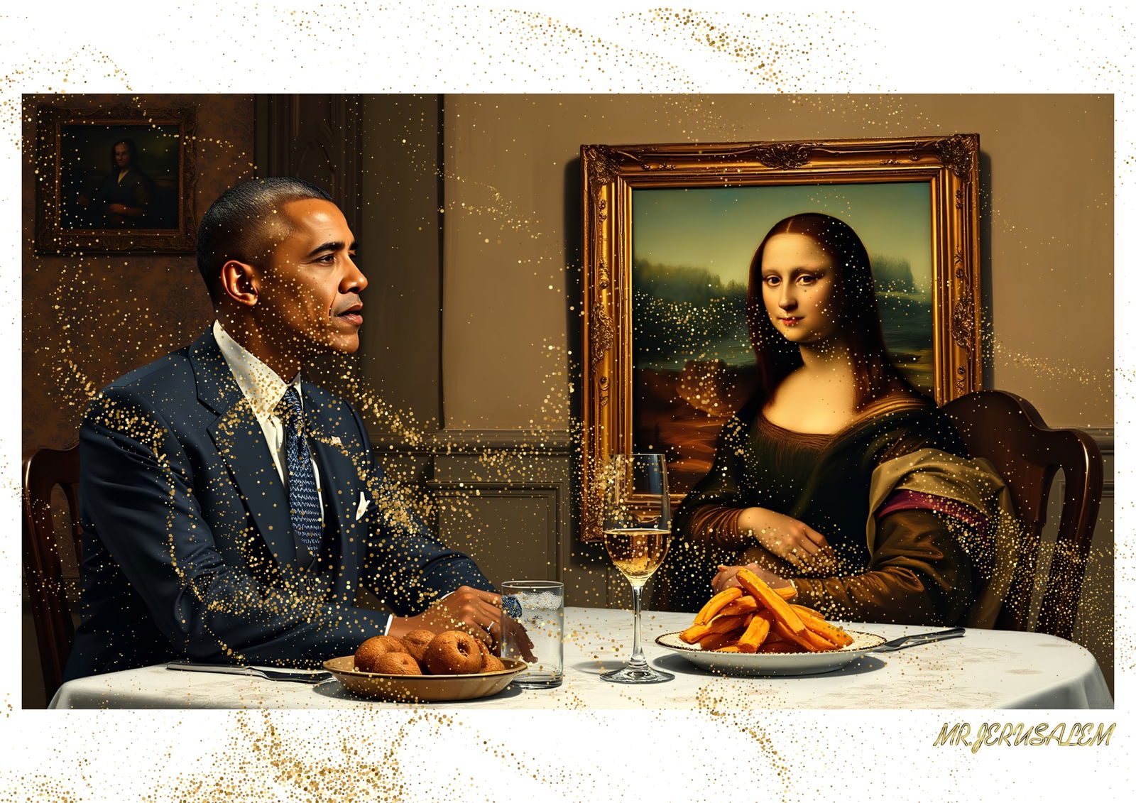 "Mr.Jerusalem, "Barack Obama having dinner with Mona Lisa-D2" "Original, A2 Poster print, stam (1 of 2)