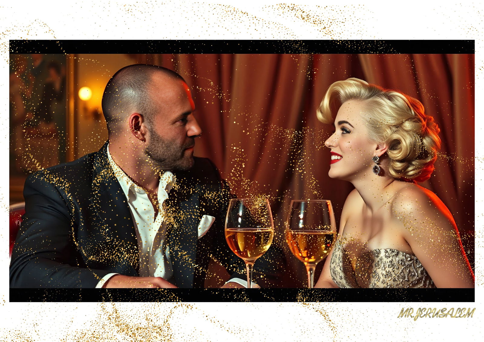 "Mr.Jerusalem, "Jason Statham having dinner with Marilyn Monroe-D2" "Original, A2 Poster print: Original A2 Poster Digital print on paper, Solid Finishing: Classic (250 gsm gloss) Artist Digital signature Stamped / seal Watermark seal Sizes- 420 X594mm Sold unframed