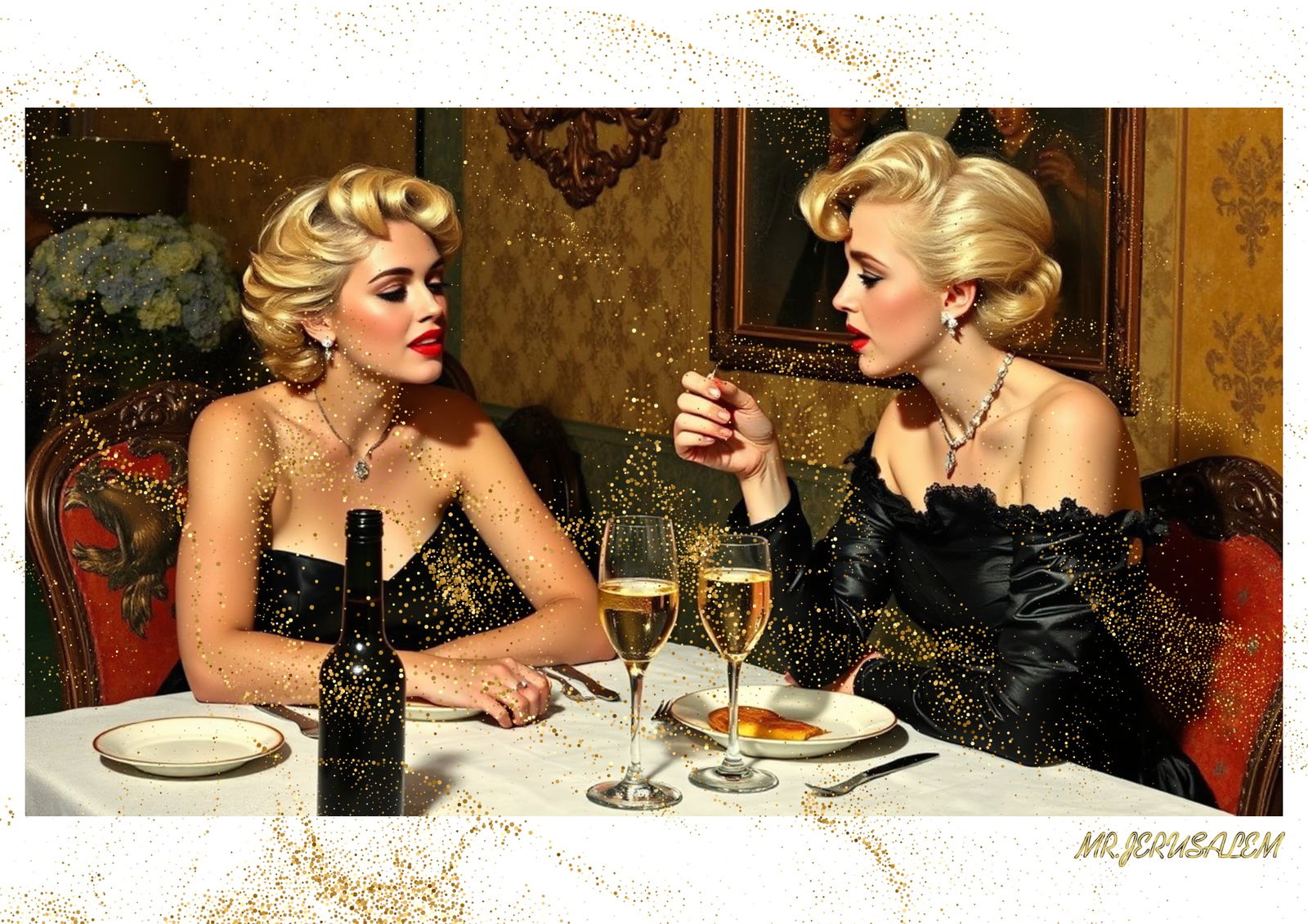 "Mr.Jerusalem, "Miley Cyrus having dinner with Marilyn Monroe-D1" "Original, A2 Poster print, : Original A2 Poster Digital print on paper, Solid Finishing: Classic (250 gsm gloss) Artist Digital signature Stamped / seal Watermark seal Sizes- 420 X594mm Sold unframed
