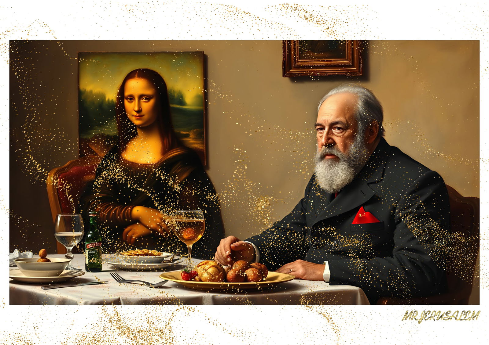 "Mr.Jerusalem, "Fidel Castro having dinner with Mona Lisa-D2" "Original, A2 Poster print, stam: Original A2 Poster Digital print on paper, Solid Finishing: Classic (250 gsm gloss) Artist Digital signature Stamped / seal Watermark seal Sizes- 420 X594mm Sold unframed