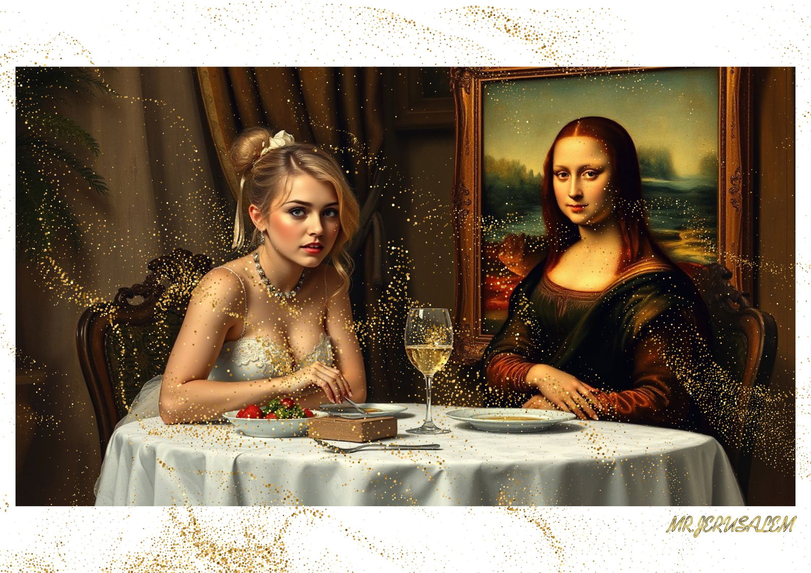 "Mr.Jerusalem, "Miley Cyrus having dinner with Mona Lisa-D2" "Original, A2 Poster print, stamp (1 of 2)