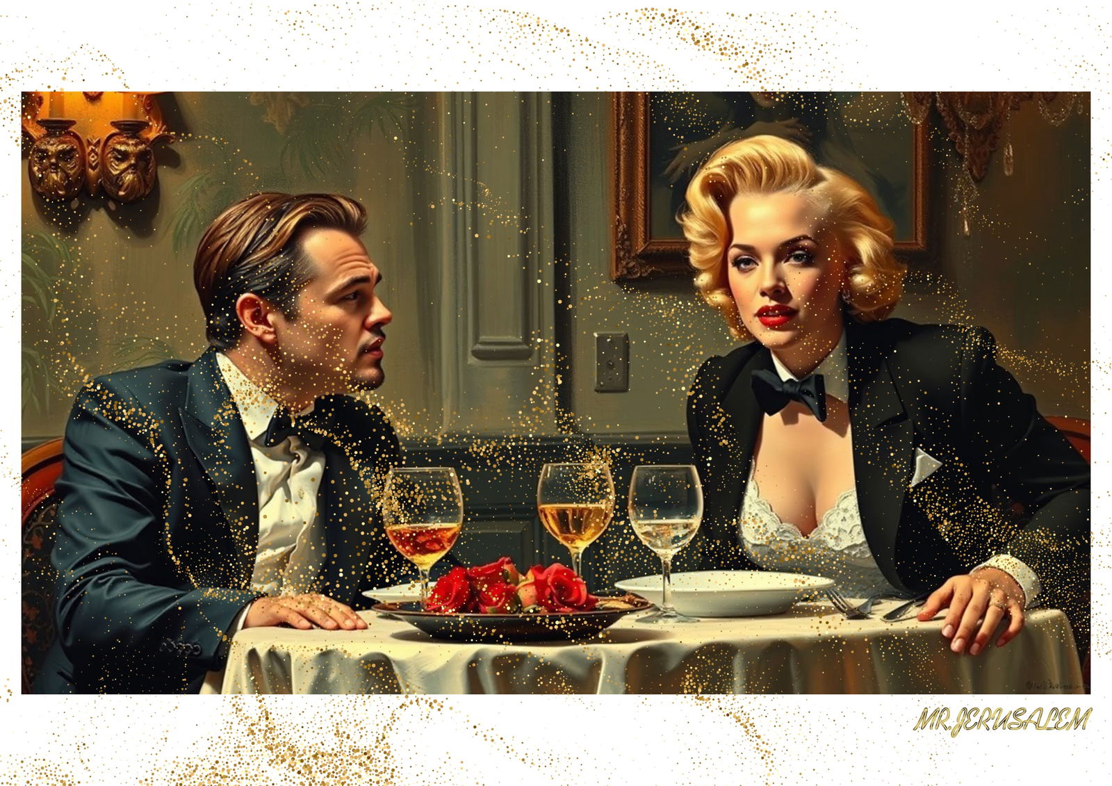 "Mr.Jerusalem, "Leonardo DiCaprio having dinner with Marilyn Monroe-D2" "Original, A2 Poster p: Original A2 Poster Digital print on paper, Solid Finishing: Classic (250 gsm gloss) Artist Digital signature Stamped / seal Watermark seal Sizes- 420 X594mm Sold unframed