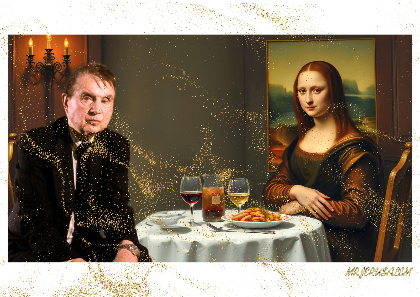 "Mr.Jerusalem, "Francis Bacon having dinner with Mona Lisa-D1" "Original, A2 Poster print, sta: Original A2 Poster Digital print on paper, Solid Finishing: Classic (250 gsm gloss) Artist Digital signature Stamped / seal Watermark seal Sizes- 420 X594mm Sold unframed