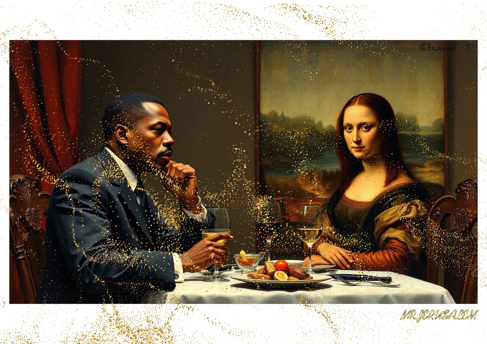"Mr.Jerusalem, "Malcolm X having dinner with Mona Lisa-D1" "Original, A2 Poster print, stamped: Original A2 Poster Digital print on paper, Solid Finishing: Classic (250 gsm gloss) Artist Digital signature Stamped / seal Watermark seal Sizes- 420 X594mm Sold unframed