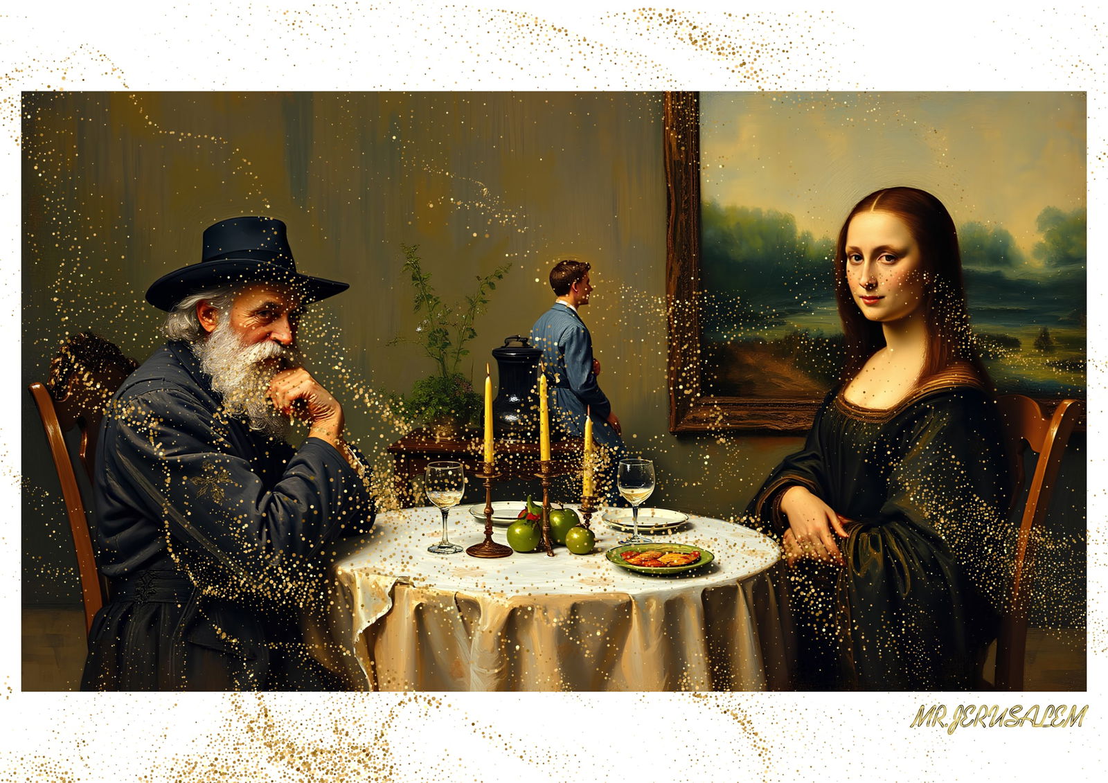 "Mr.Jerusalem, "Claude Monet having dinner with Mona Lisa-D2" "Original, A2 Poster print, stam: Original A2 Poster Digital print on paper, Solid Finishing: Classic (250 gsm gloss) Artist Digital signature Stamped / seal Watermark seal Sizes- 420 X594mm Sold unframed