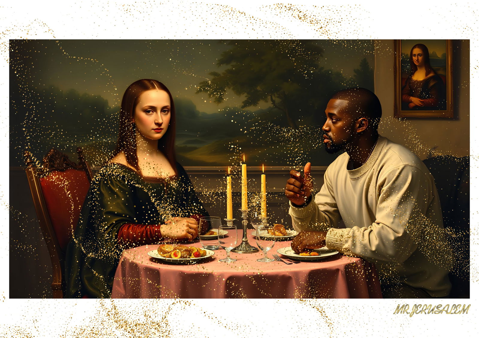 "Mr.Jerusalem, "Kanye West having dinner with Mona Lisa-D2" "Original, A2 Poster print, stampe: Original A2 Poster Digital print on paper, Solid Finishing: Classic (250 gsm gloss) Artist Digital signature Stamped / seal Watermark seal Sizes- 420 X594mm Sold unframed