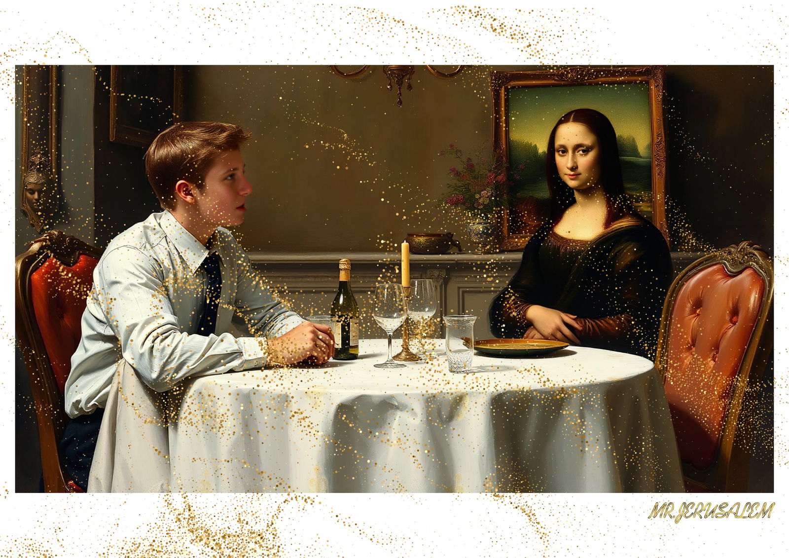 "Mr.Jerusalem, "Barron Trump having dinner with Mona Lisa-D2" "Original, A2 Poster print, stam: Original A2 Poster Digital print on paper, Solid Finishing: Classic (250 gsm gloss) Artist Digital signature Stamped / seal Watermark seal Sizes- 420 X594mm Sold unframed