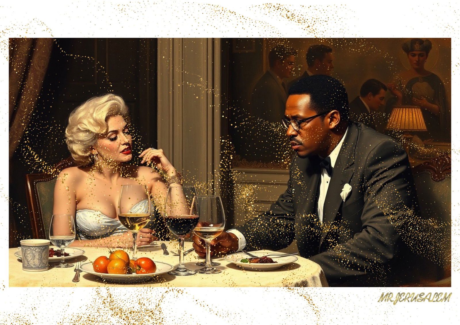 "Mr.Jerusalem, "Malcolm X having dinner with Marilyn Monroe-D2" "Original, A2 Poster print, st: Original A2 Poster Digital print on paper, Solid Finishing: Classic (250 gsm gloss) Artist Digital signature Stamped / seal Watermark seal Sizes- 420 X594mm Sold unframed