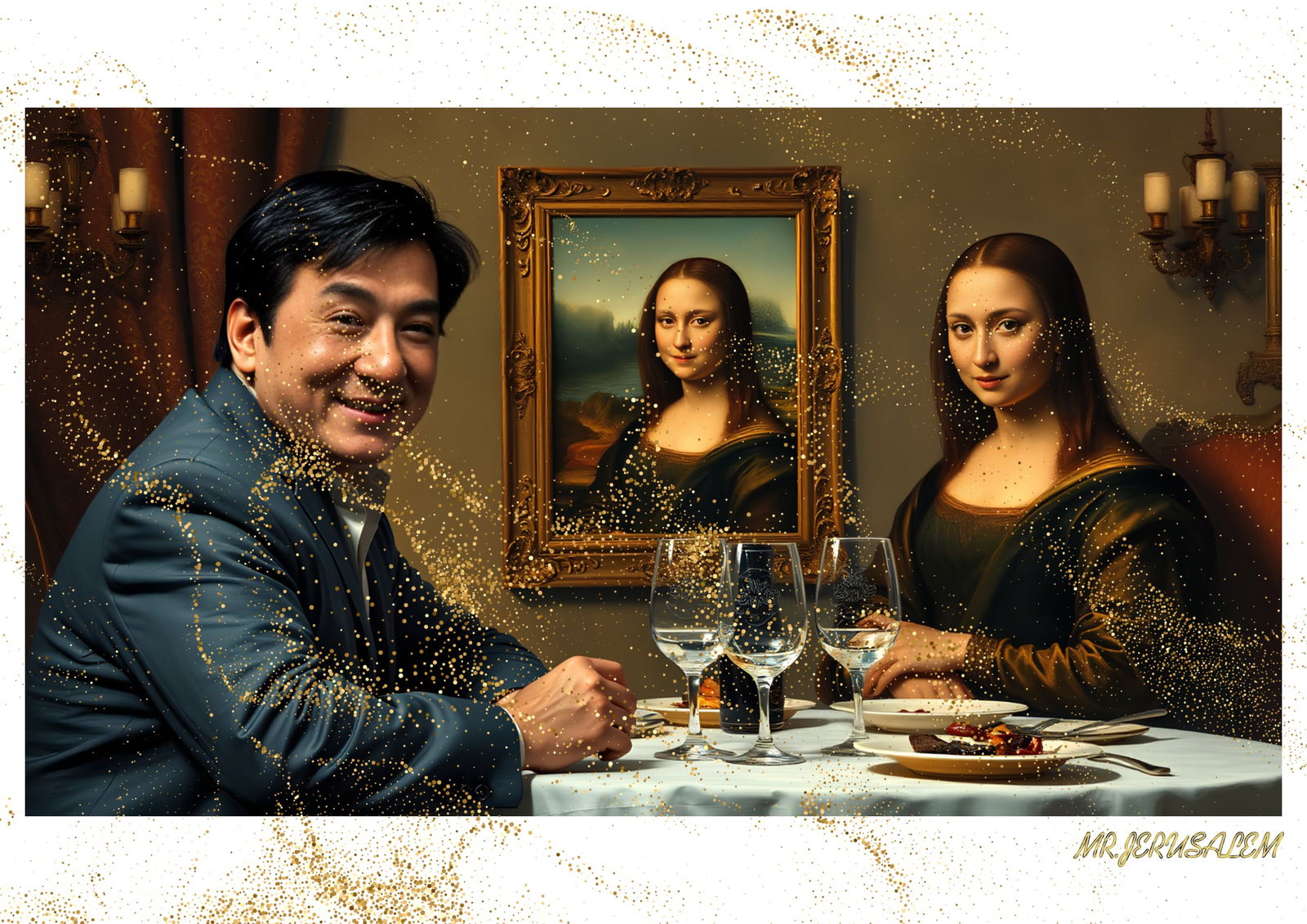 "Mr.Jerusalem, "Jackie Chan having dinner with Mona Lisa-D1" "Original, A2 Poster print, stamp: Original A2 Poster Digital print on paper, Solid Finishing: Classic (250 gsm gloss) Artist Digital signature Stamped / seal Watermark seal Sizes- 420 X594mm Sold unframed