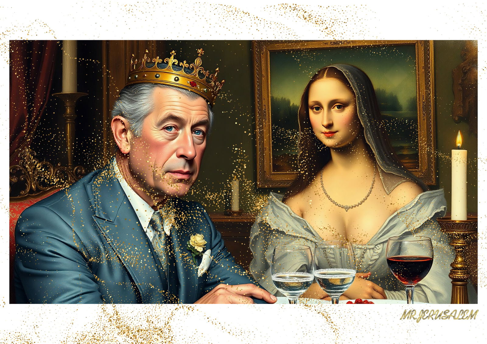 "Mr.Jerusalem, "King Charles III having dinner with Mona Lisa-D1" "Original, A2 Poster print, : Original A2 Poster Digital print on paper, Solid Finishing: Classic (250 gsm gloss) Artist Digital signature Stamped / seal Watermark seal Sizes- 420 X594mm Sold unframed