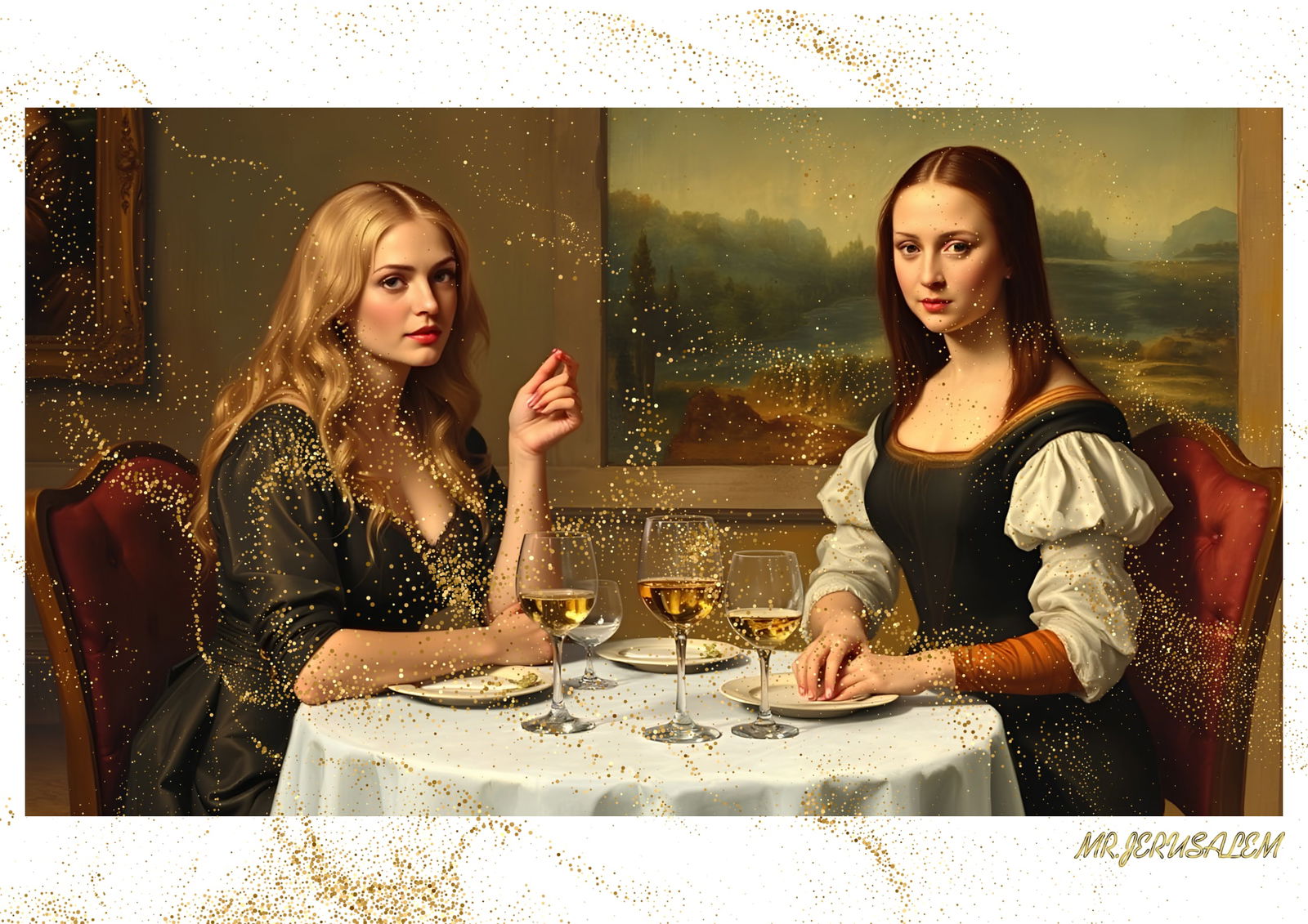 "Mr.Jerusalem, "Britney Spears having dinner with Mona Lisa-D1" "Original, A2 Poster print, st: Original A2 Poster Digital print on paper, Solid Finishing: Classic (250 gsm gloss) Artist Digital signature Stamped / seal Watermark seal Sizes- 420 X594mm Sold unframed