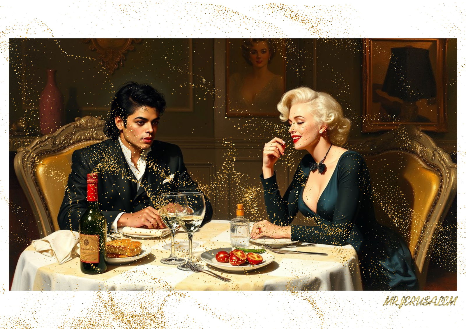"Mr.Jerusalem, "Michael Jackson having dinner with Marilyn Monroe-D1" "Original, A2 Poster pri: Original A2 Poster Digital print on paper, Solid Finishing: Classic (250 gsm gloss) Artist Digital signature Stamped / seal Watermark seal Sizes- 420 X594mm Sold unframed