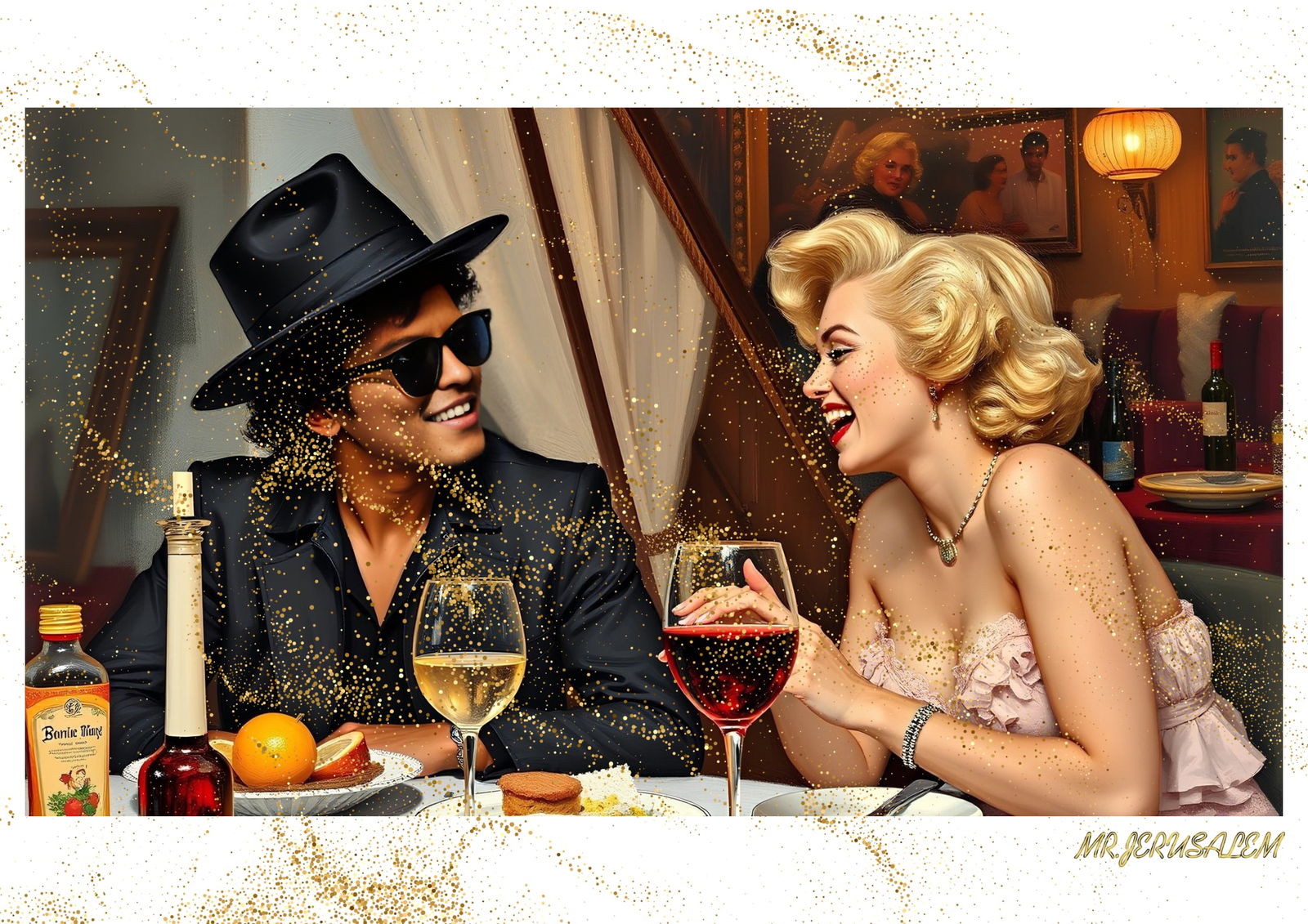 "Mr.Jerusalem, "Bruno Mars having dinner with Marilyn Monroe-D1" "Original, A2 Poster print, s: Original A2 Poster Digital print on paper, Solid Finishing: Classic (250 gsm gloss) Artist Digital signature Stamped / seal Watermark seal Sizes- 420 X594mm Sold unframed
