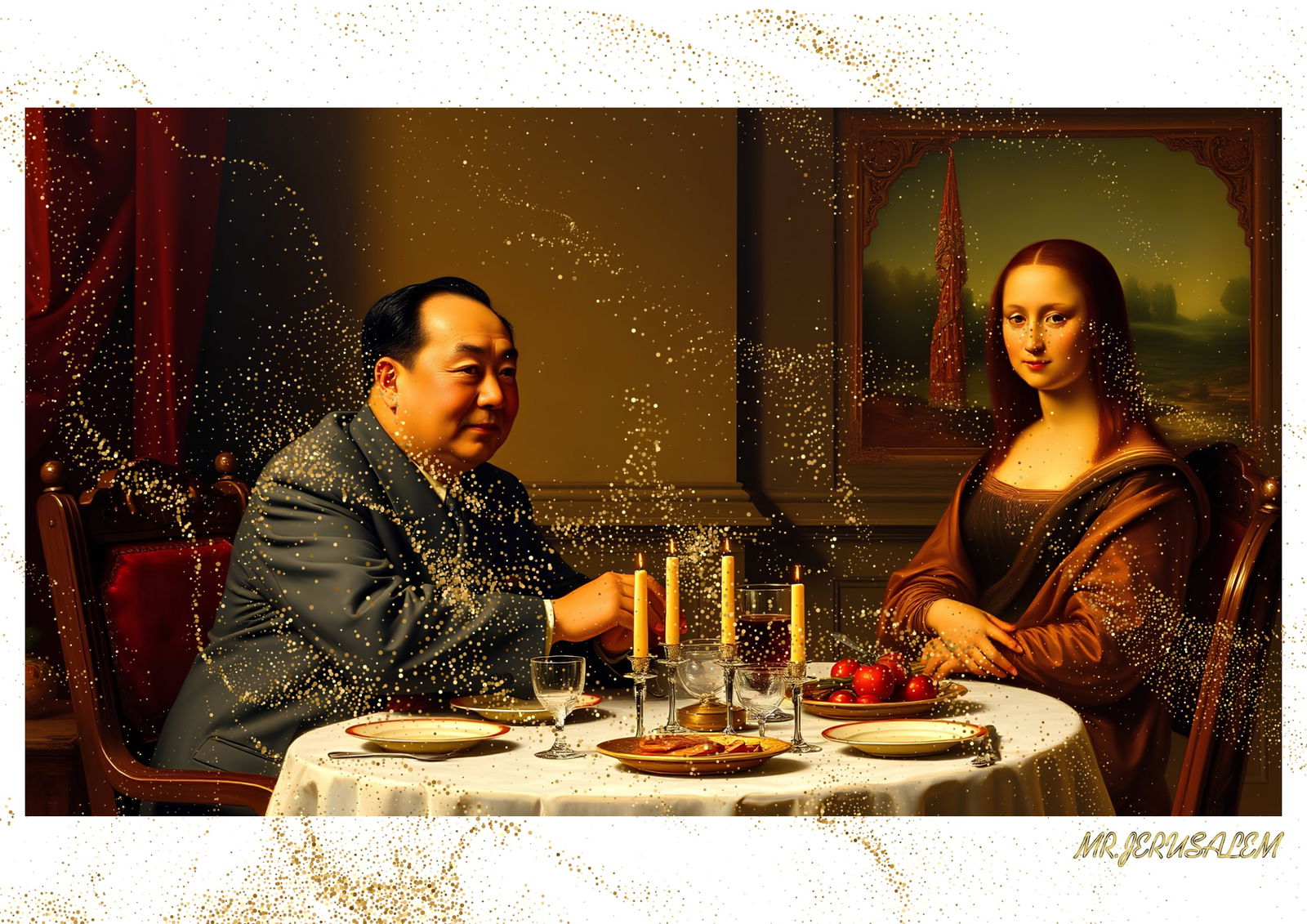 "Mr.Jerusalem, "Chairman Mao having dinner with Mona Lisa-D2" "Original, A2 Poster print, stam: Original A2 Poster Digital print on paper, Solid Finishing: Classic (250 gsm gloss) Artist Digital signature Stamped / seal Watermark seal Sizes- 420 X594mm Sold unframed