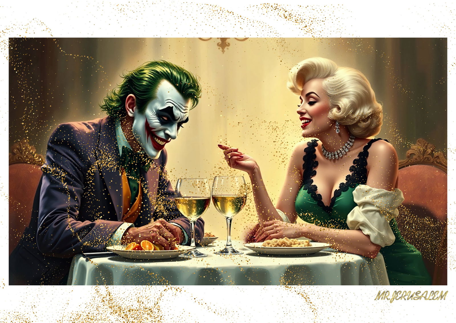 "Mr.Jerusalem, "Joker having dinner with Marilyn Monroe-D2" "Original, A2 Poster print, stampe: Original A2 Poster Digital print on paper, Solid Finishing: Classic (250 gsm gloss) Artist Digital signature Stamped / seal Watermark seal Sizes- 420 X594mm Sold unframed