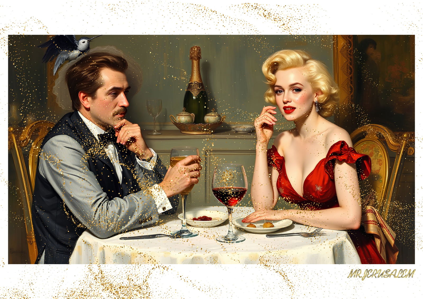 "Mr.Jerusalem, "Auguste Renoir having dinner with Marilyn Monroe-D1" "Original, A2 Poster prin: Original A2 Poster Digital print on paper, Solid Finishing: Classic (250 gsm gloss) Artist Digital signature Stamped / seal Watermark seal Sizes- 420 X594mm Sold unframed