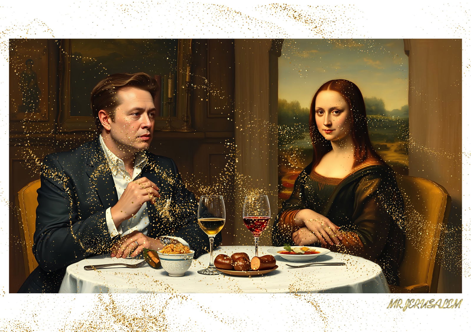 "Mr.Jerusalem, "Elon Musk having dinner with Mona Lisa-D2" "Original, A2 Poster print, stamped: Original A2 Poster Digital print on paper, Solid Finishing: Classic (250 gsm gloss) Artist Digital signature Stamped / seal Watermark seal Sizes- 420 X594mm Sold unframed