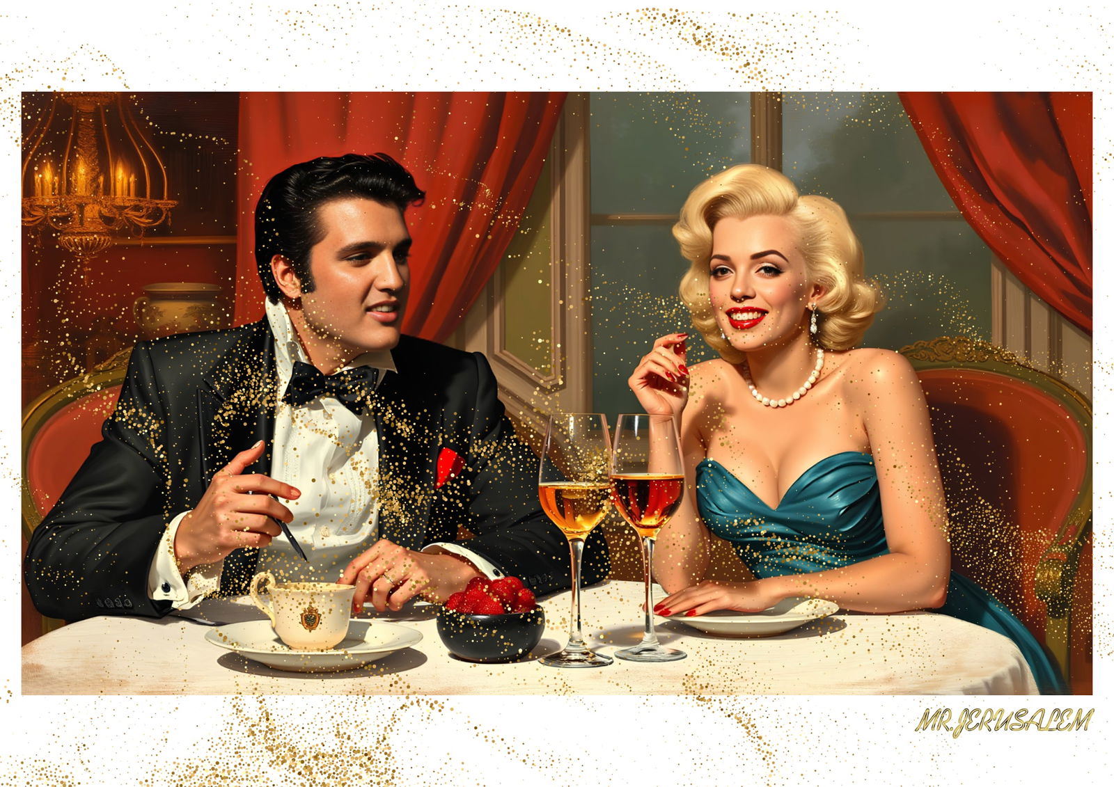 "Mr.Jerusalem, "Elvis Presley having dinner with Marilyn Monroe-D1" "Original, A2 Poster print: Original A2 Poster Digital print on paper, Solid Finishing: Classic (250 gsm gloss) Artist Digital signature Stamped / seal Watermark seal Sizes- 420 X594mm Sold unframed
