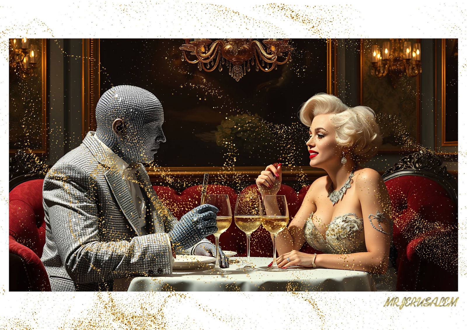 "Mr.Jerusalem, "Diamond Man having dinner with Marilyn Monroe-D2" "Original, A2 Poster print, : Original A2 Poster Digital print on paper, Solid Finishing: Classic (250 gsm gloss) Artist Digital signature Stamped / seal Watermark seal Sizes- 420 X594mm Sold unframed