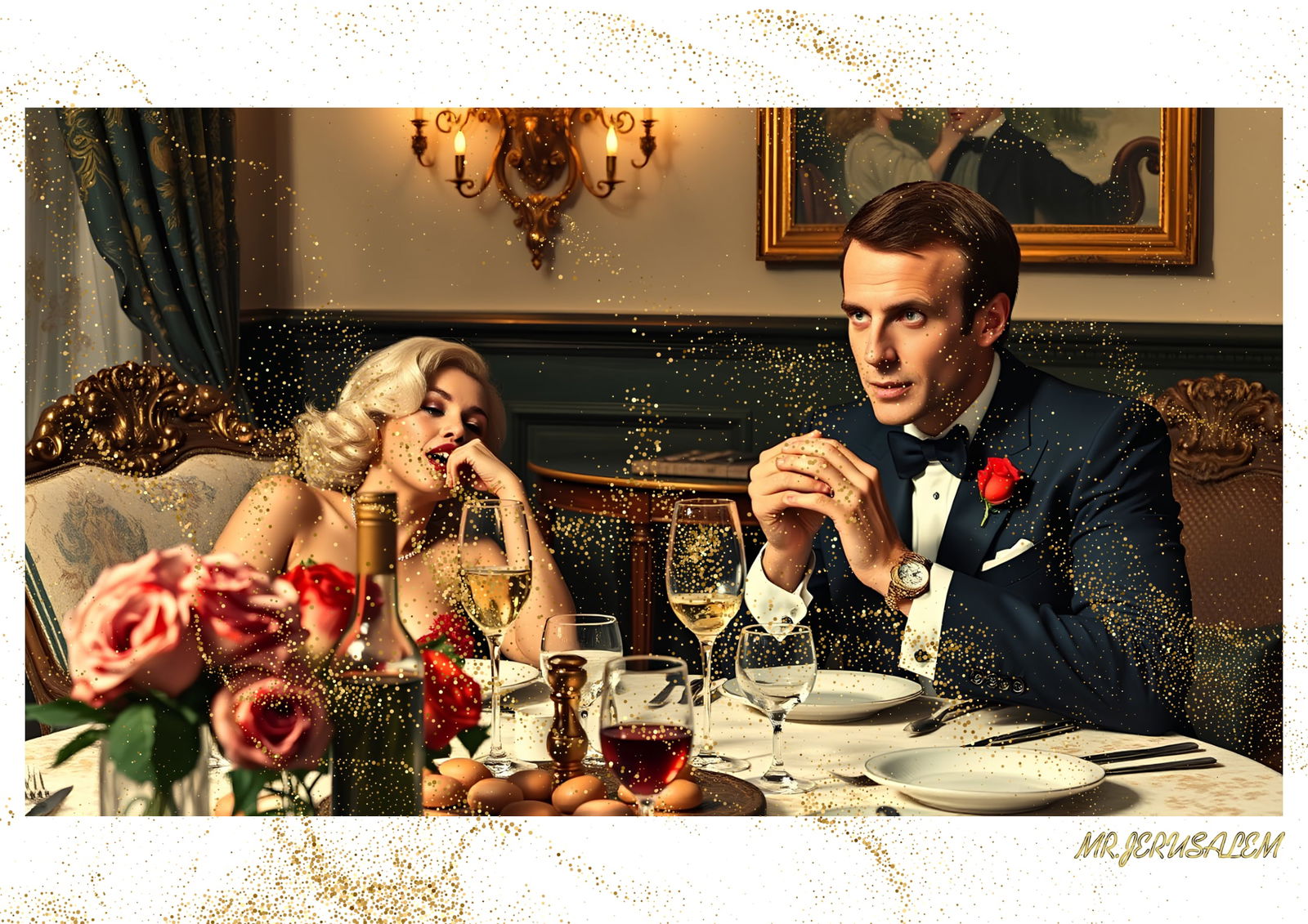 "Mr.Jerusalem, "Emmanuel Macron having dinner with Marilyn Monroe-D1" "Original, A2 Poster pri: Original A2 Poster Digital print on paper, Solid Finishing: Classic (250 gsm gloss) Artist Digital signature Stamped / seal Watermark seal Sizes- 420 X594mm Sold unframed