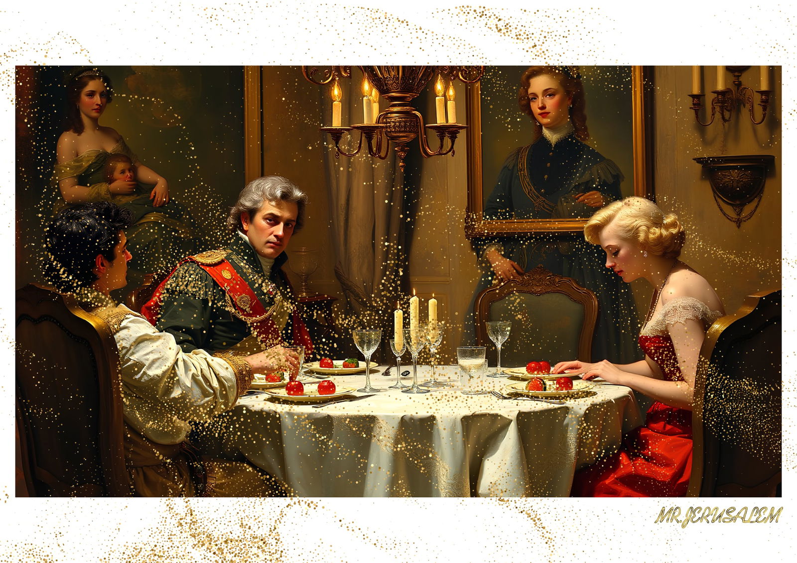 "Mr.Jerusalem, "Alexander The Great having dinner with Marilyn Monroe-D2" "Original, A2 Poster: Original A2 Poster Digital print on paper, Solid Finishing: Classic (250 gsm gloss) Artist Digital signature Stamped / seal Watermark seal Sizes- 420 X594mm Sold unframed