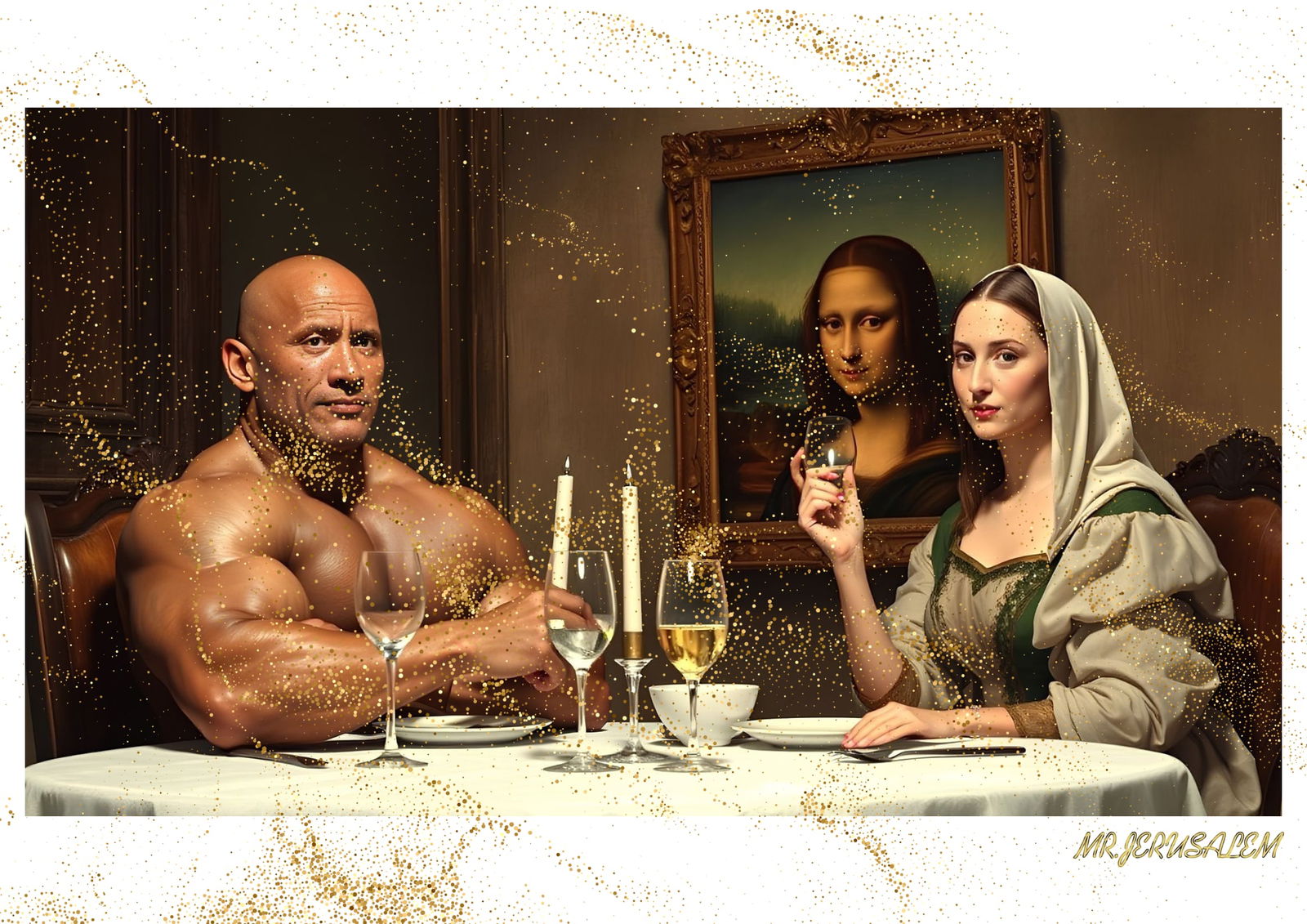 "Mr.Jerusalem, "Dwayne Johnson having dinner with Mona Lisa-D1" "Original, A2 Poster print, st (1 of 2)