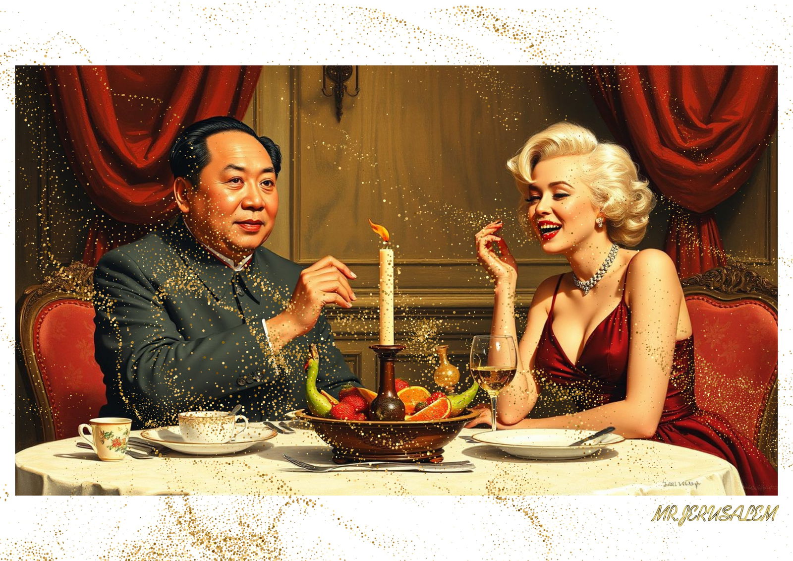 "Mr.Jerusalem, "Mao Zedong having dinner with Marilyn Monroe-D2" "Original, A2 Poster print, s: Original A2 Poster Digital print on paper, Solid Finishing: Classic (250 gsm gloss) Artist Digital signature Stamped / seal Watermark seal Sizes- 420 X594mm Sold unframed