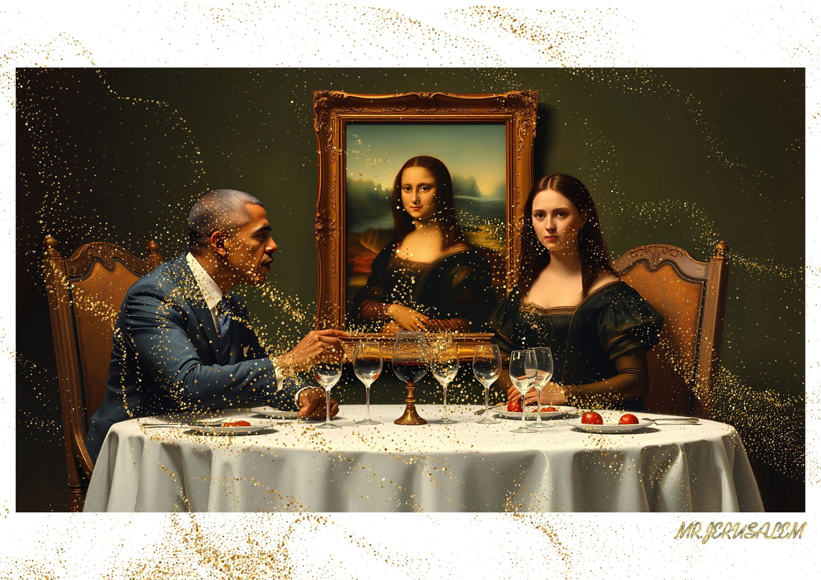 "Mr.Jerusalem, "Barack Obama having dinner with Mona Lisa-D1" "Original, A2 Poster print, stam: Original A2 Poster Digital print on paper, Solid Finishing: Classic (250 gsm gloss) Artist Digital signature Stamped / seal Watermark seal Sizes- 420 X594mm Sold unframed