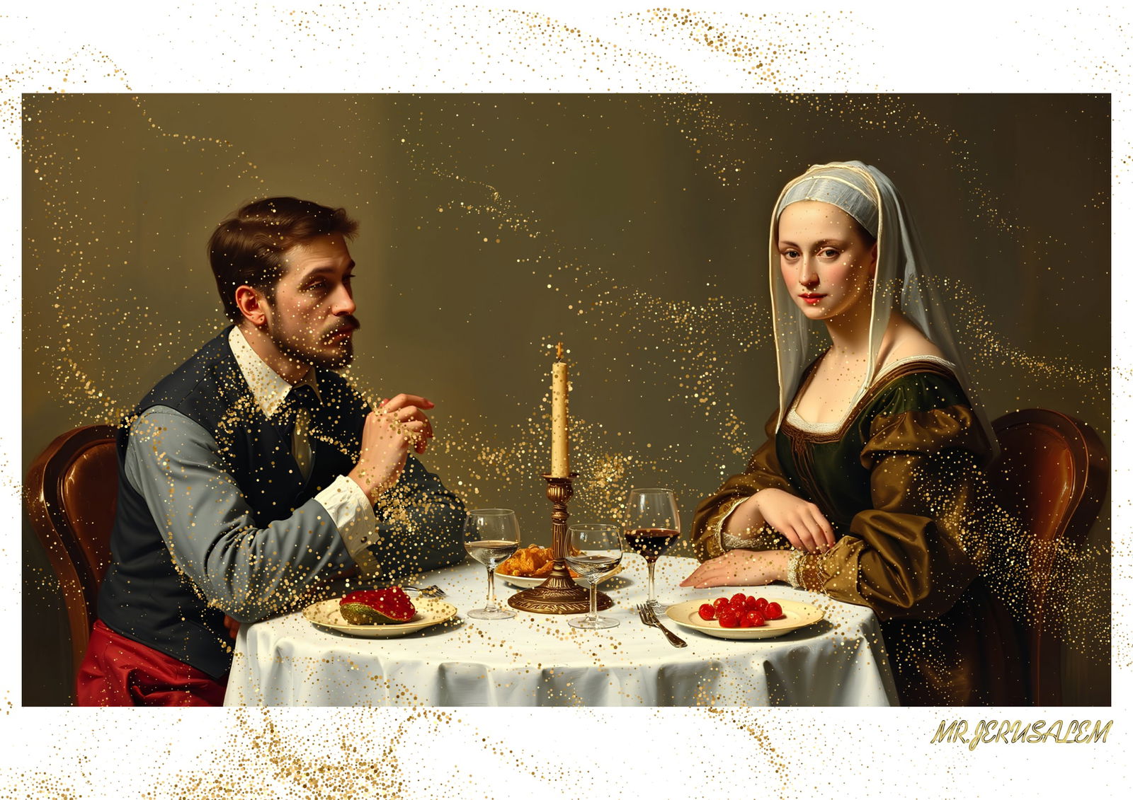 "Mr.Jerusalem, "Auguste Renoir having dinner with Mona Lisa-D1" "Original, A2 Poster print, st: Original A2 Poster Digital print on paper, Solid Finishing: Classic (250 gsm gloss) Artist Digital signature Stamped / seal Watermark seal Sizes- 420 X594mm Sold unframed