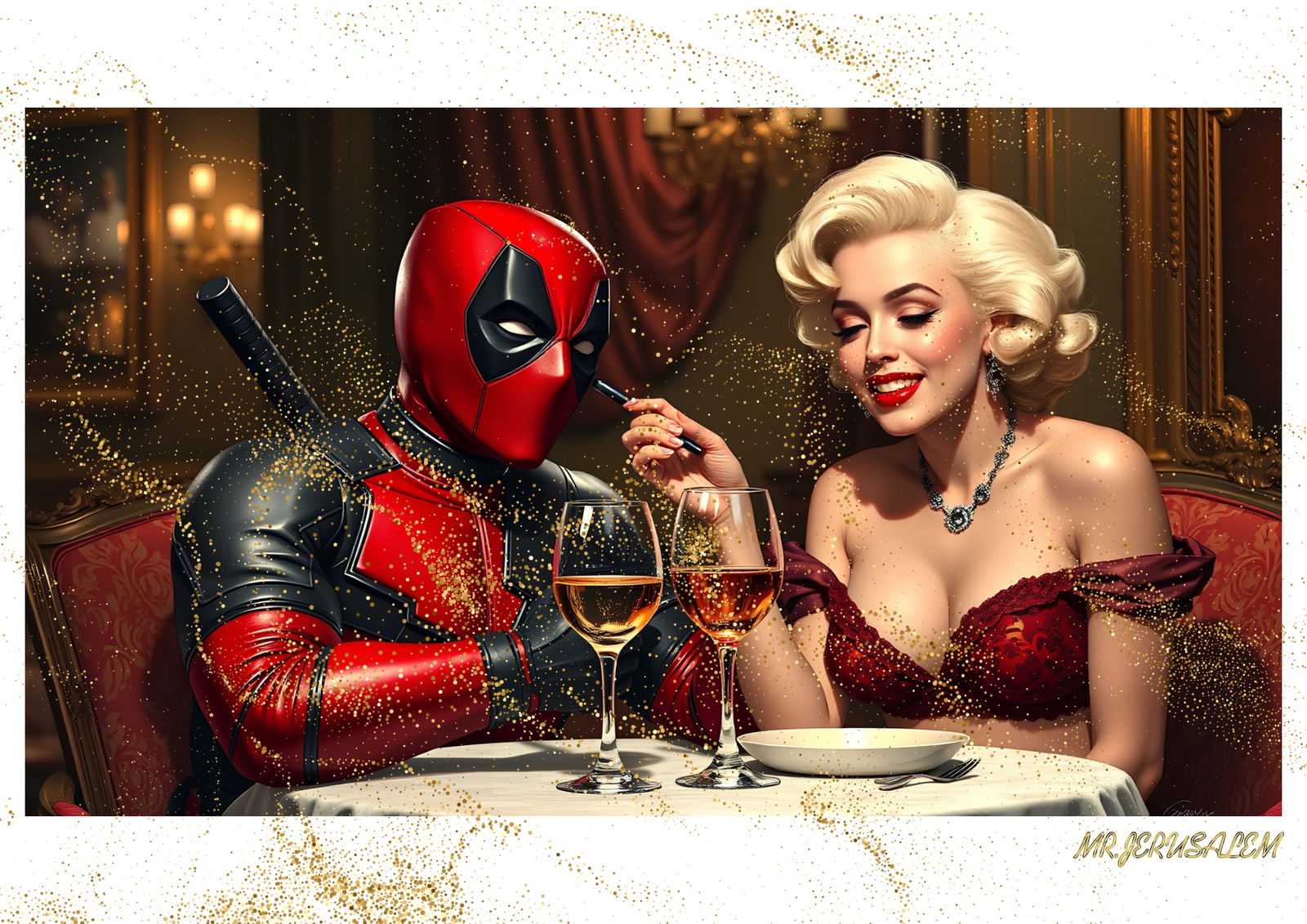 "Mr.Jerusalem, "Deadpool having dinner with Marilyn Monroe-D2" "Original, A2 Poster print, sta: Original A2 Poster Digital print on paper, Solid Finishing: Classic (250 gsm gloss) Artist Digital signature Stamped / seal Watermark seal Sizes- 420 X594mm Sold unframed