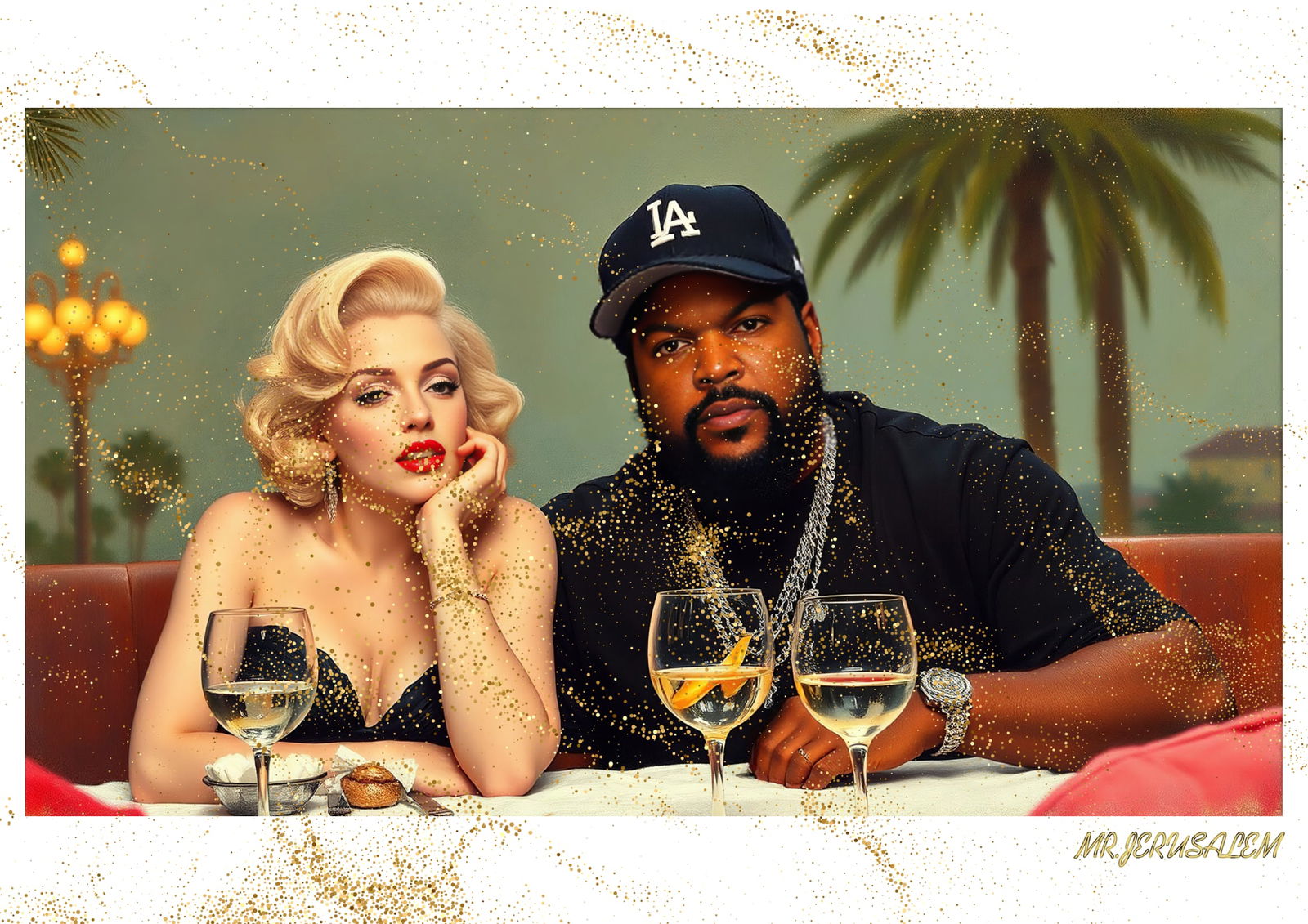 "Mr.Jerusalem, "Ice Cube having dinner with Marilyn Monroe-D1" "Original, A2 Poster print, sta: Original A2 Poster Digital print on paper, Solid Finishing: Classic (250 gsm gloss) Artist Digital signature Stamped / seal Watermark seal Sizes- 420 X594mm Sold unframed