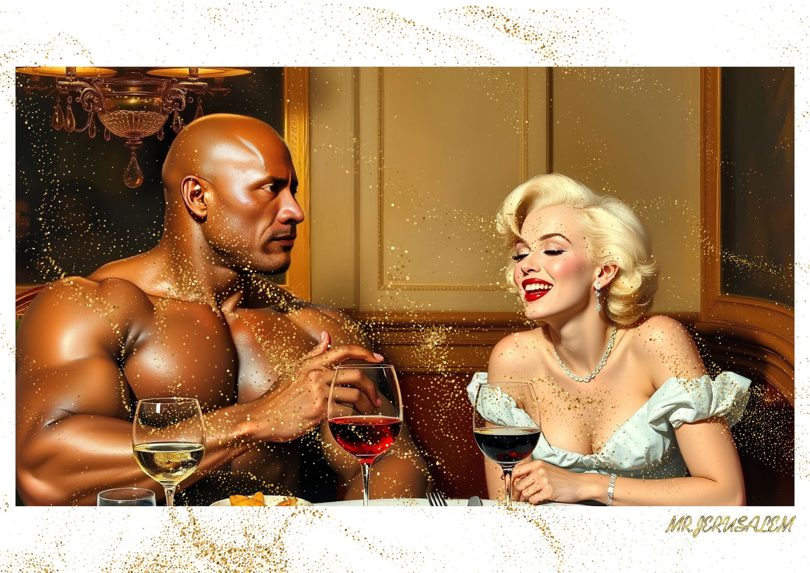 "Mr.Jerusalem, "Dwayne Johnson having dinner with Marilyn Monroe-D1" "Original, A2 Poster prin: Original A2 Poster Digital print on paper, Solid Finishing: Classic (250 gsm gloss) Artist Digital signature Stamped / seal Watermark seal Sizes- 420 X594mm Sold unframed
