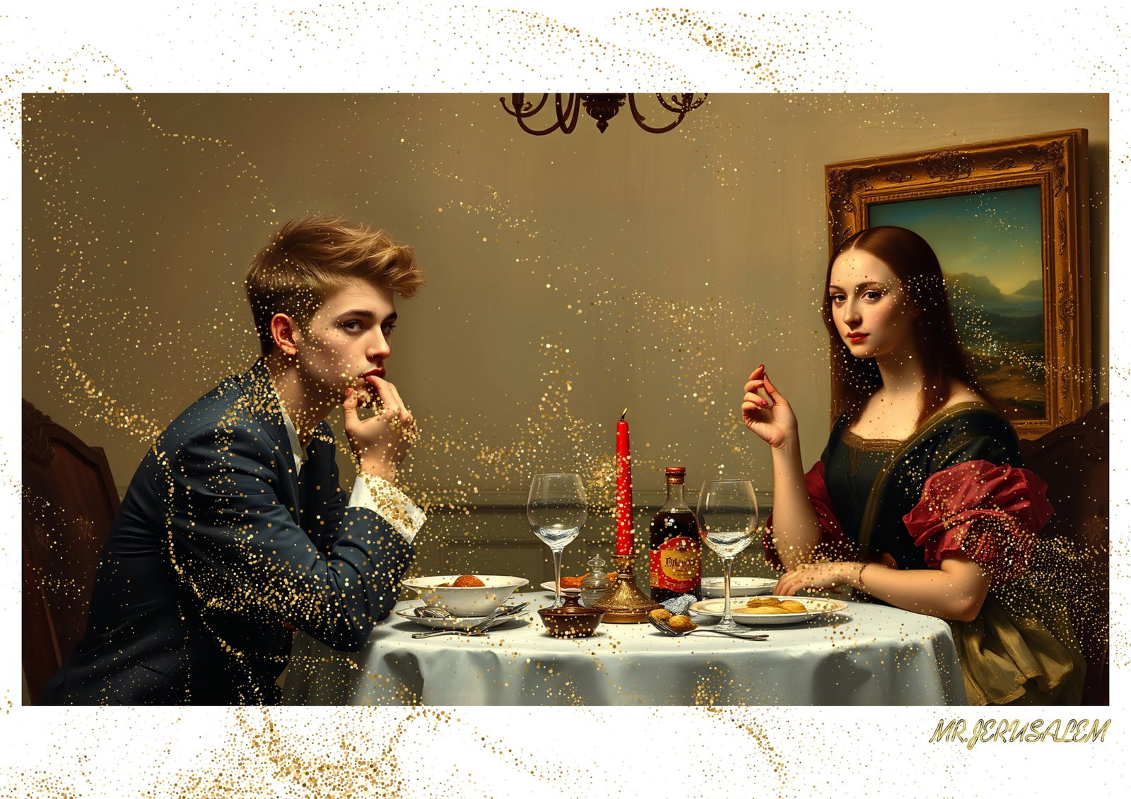 "Mr.Jerusalem, "Justin Bieber having dinner with Mona Lisa-D2" "Original, A2 Poster print, sta: Original A2 Poster Digital print on paper, Solid Finishing: Classic (250 gsm gloss) Artist Digital signature Stamped / seal Watermark seal Sizes- 420 X594mm Sold unframed