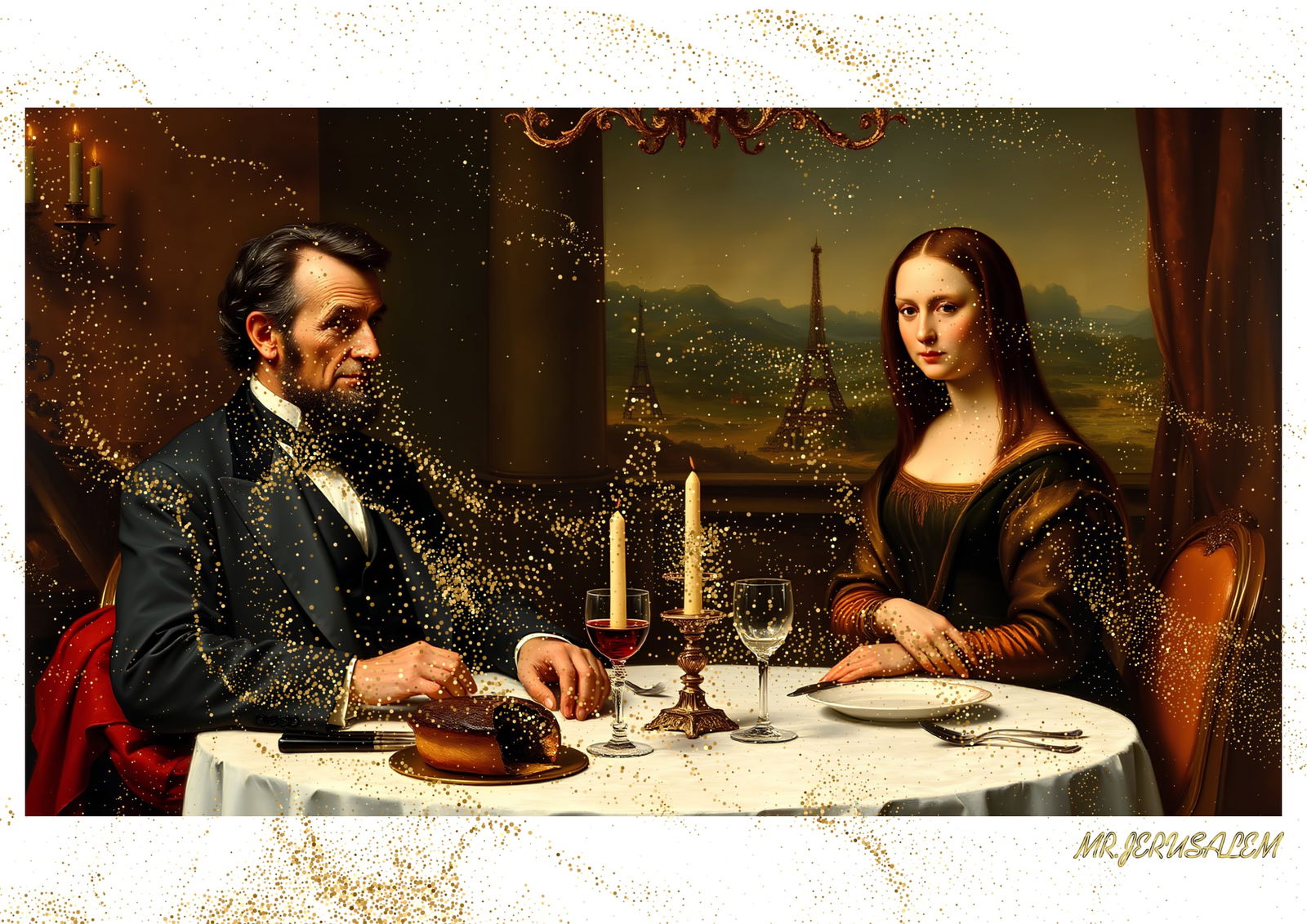 "Mr.Jerusalem, "Abraham Lincoln having dinner with Mona Lisa-D1" "Original, A2 Poster print, s: Original A2 Poster Digital print on paper, Solid Finishing: Classic (250 gsm gloss) Artist Digital signature Stamped / seal Watermark seal Sizes- 420 X594mm Sold unframed