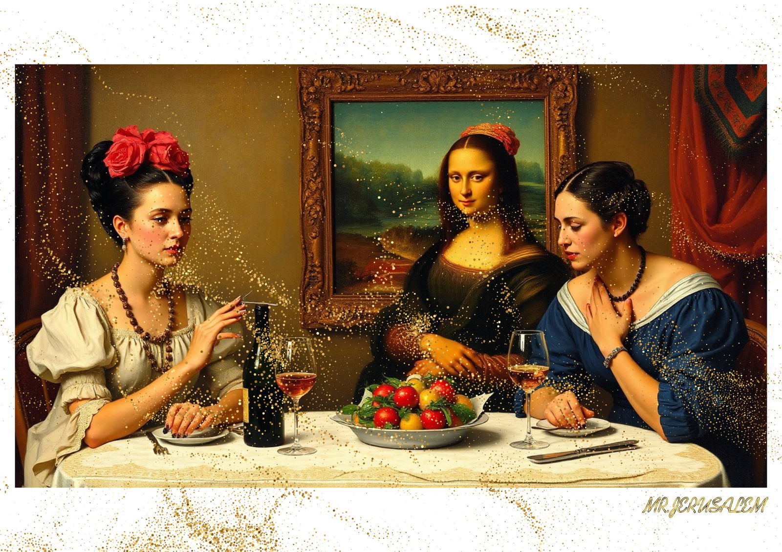 "Mr.Jerusalem, "Frida Kahlo having dinner with Mona Lisa-D2" "Original, A2 Poster print, stamp: Original A2 Poster Digital print on paper, Solid Finishing: Classic (250 gsm gloss) Artist Digital signature Stamped / seal Watermark seal Sizes- 420 X594mm Sold unframed