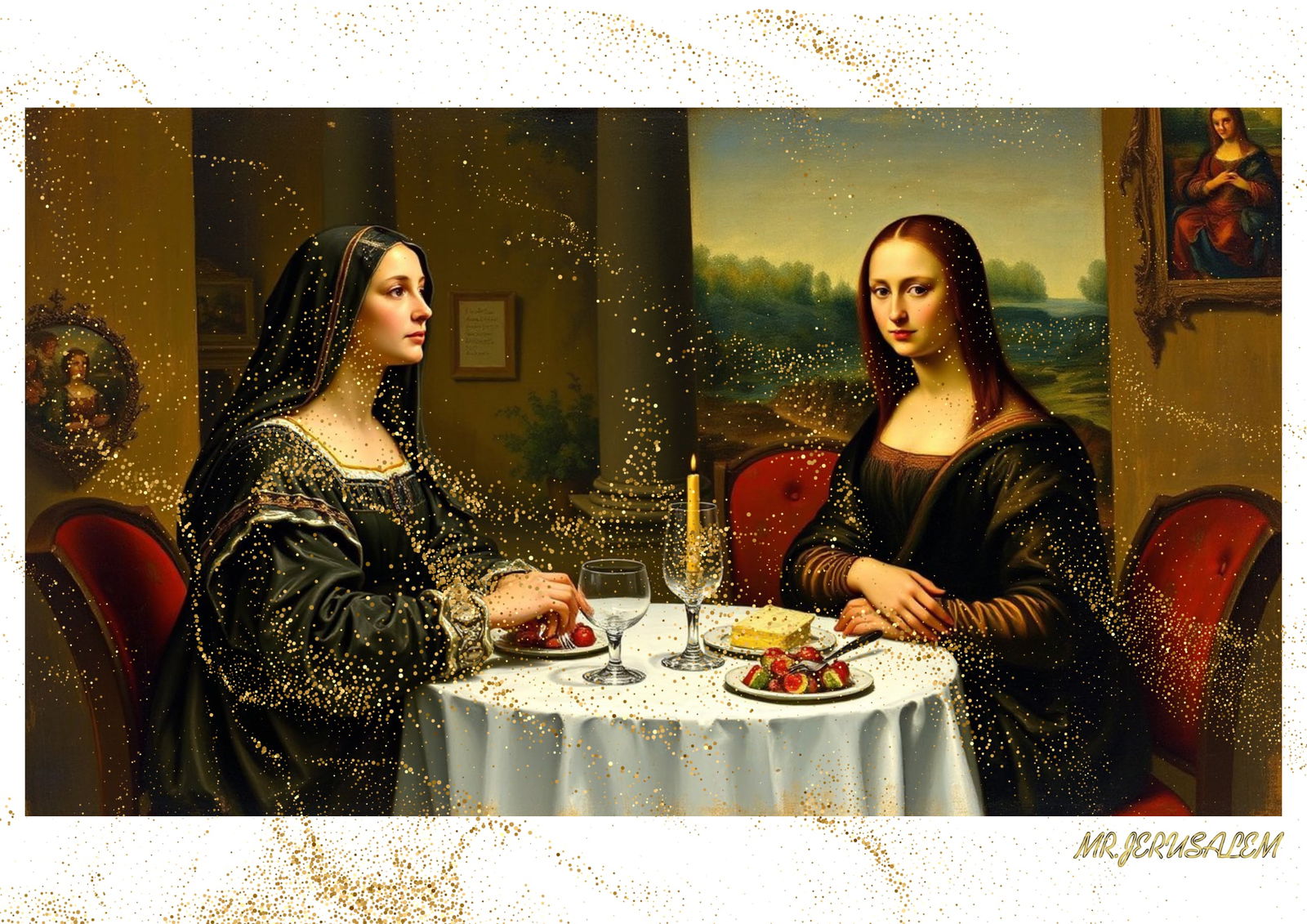 "Mr.Jerusalem, "Mary Madgalene having dinner with Mona Lisa-D1" "Original, A2 Poster print, st: Original A2 Poster Digital print on paper, Solid Finishing: Classic (250 gsm gloss) Artist Digital signature Stamped / seal Watermark seal Sizes- 420 X594mm Sold unframed