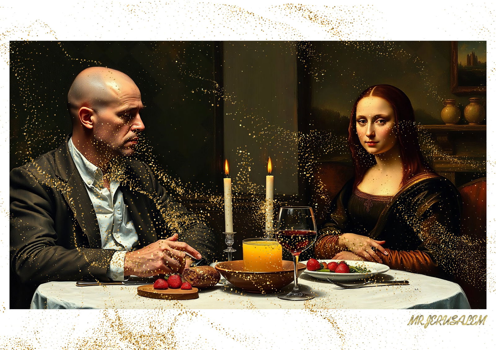 "Mr.Jerusalem, "Jackson Pollock having dinner with Mona Lisa-D1" "Original, A2 Poster print, s: Original A2 Poster Digital print on paper, Solid Finishing: Classic (250 gsm gloss) Artist Digital signature Stamped / seal Watermark seal Sizes- 420 X594mm Sold unframed