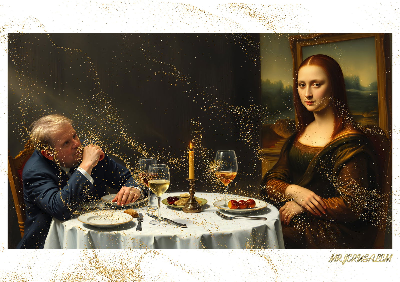 "Mr.Jerusalem, "Francis Bacon having dinner with Mona Lisa-D2" "Original, A2 Poster print, sta: Original A2 Poster Digital print on paper, Solid Finishing: Classic (250 gsm gloss) Artist Digital signature Stamped / seal Watermark seal Sizes- 420 X594mm Sold unframed