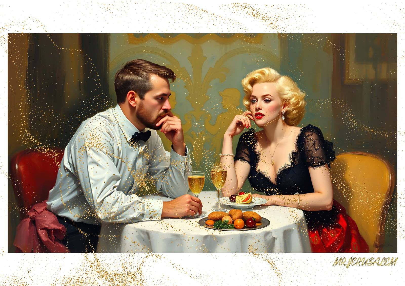 "Mr.Jerusalem, "Edgar Degas having dinner with Marilyn Monroe-D1" "Original, A2 Poster print, : Original A2 Poster Digital print on paper, Solid Finishing: Classic (250 gsm gloss) Artist Digital signature Stamped / seal Watermark seal Sizes- 420 X594mm Sold unframed