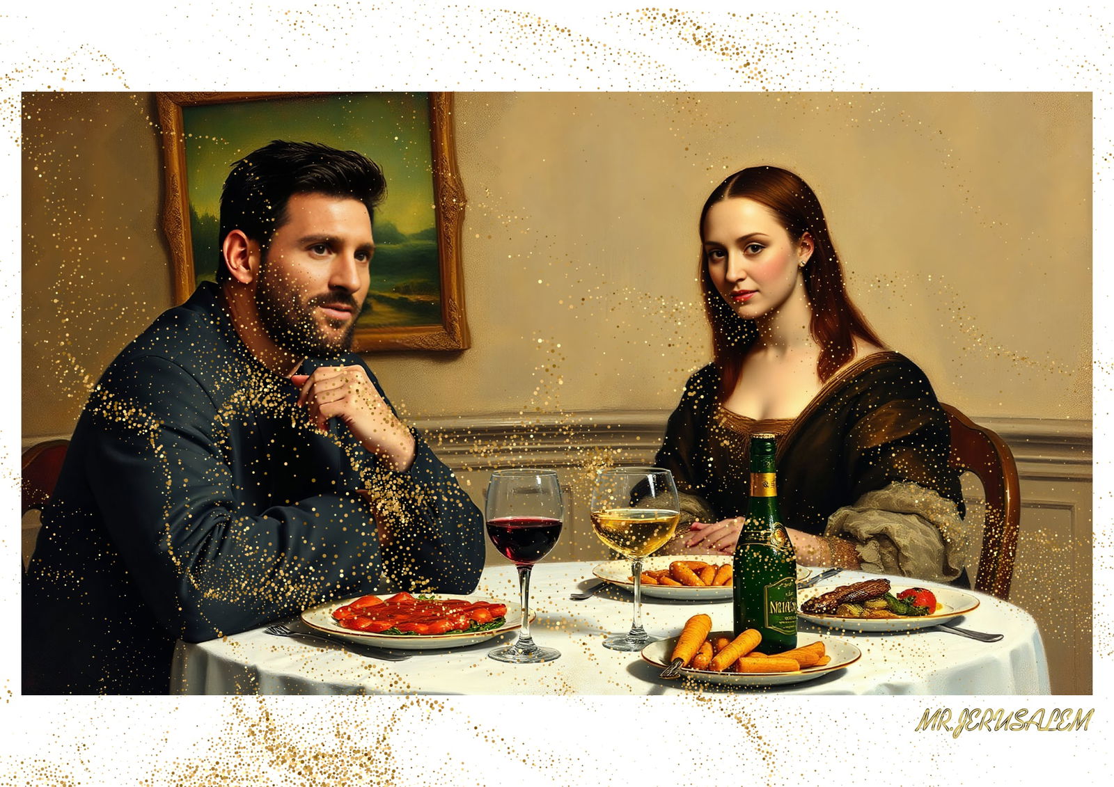"Mr.Jerusalem, "Lionel Messi having dinner with Mona Lisa-D2" "Original, A2 Poster print, stam: Original A2 Poster Digital print on paper, Solid Finishing: Classic (250 gsm gloss) Artist Digital signature Stamped / seal Watermark seal Sizes- 420 X594mm Sold unframed