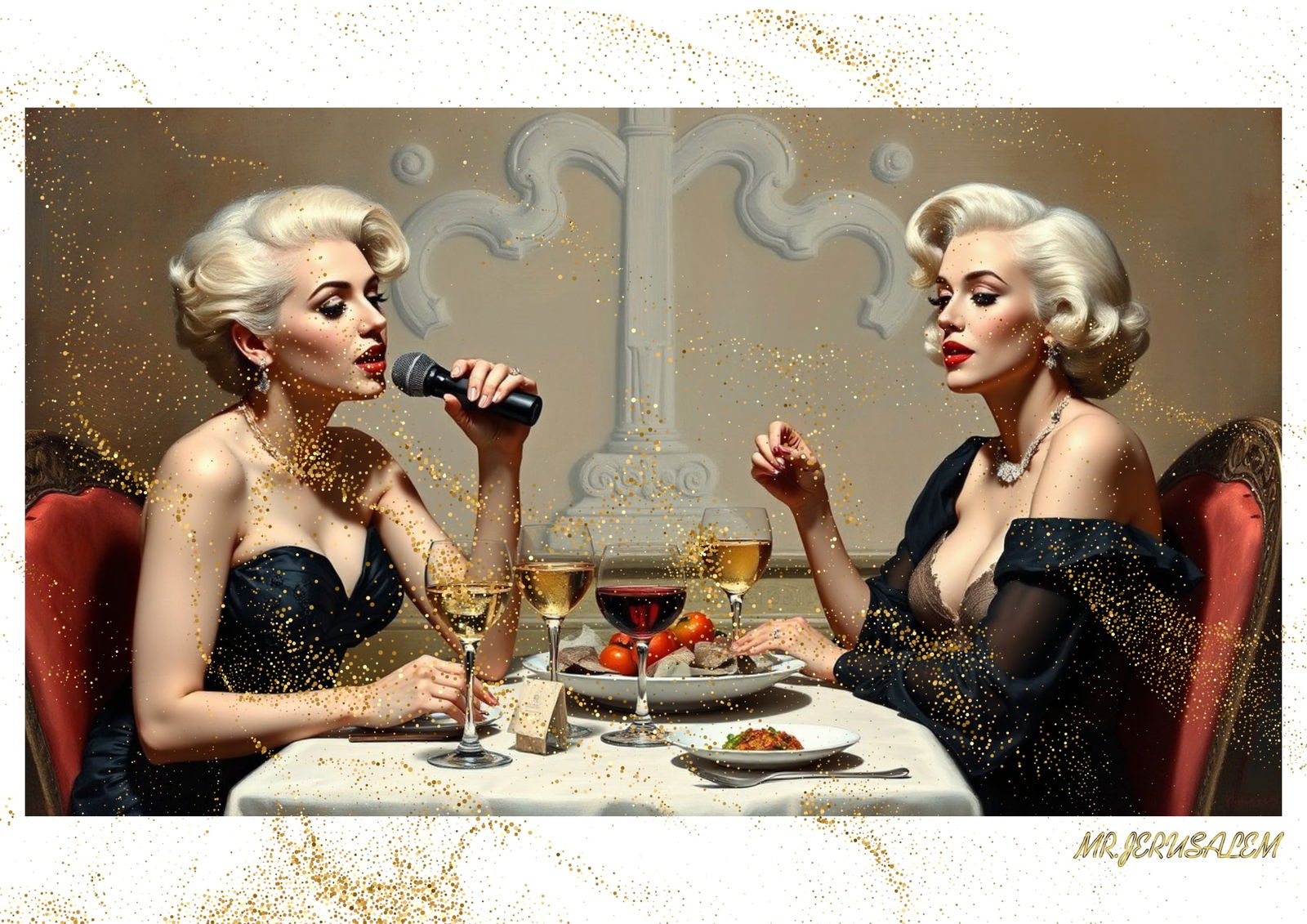 "Mr.Jerusalem, "Lady Gaga having dinner with Marilyn Monroe-D2" "Original, A2 Poster print, st: Original A2 Poster Digital print on paper, Solid Finishing: Classic (250 gsm gloss) Artist Digital signature Stamped / seal Watermark seal Sizes- 420 X594mm Sold unframed