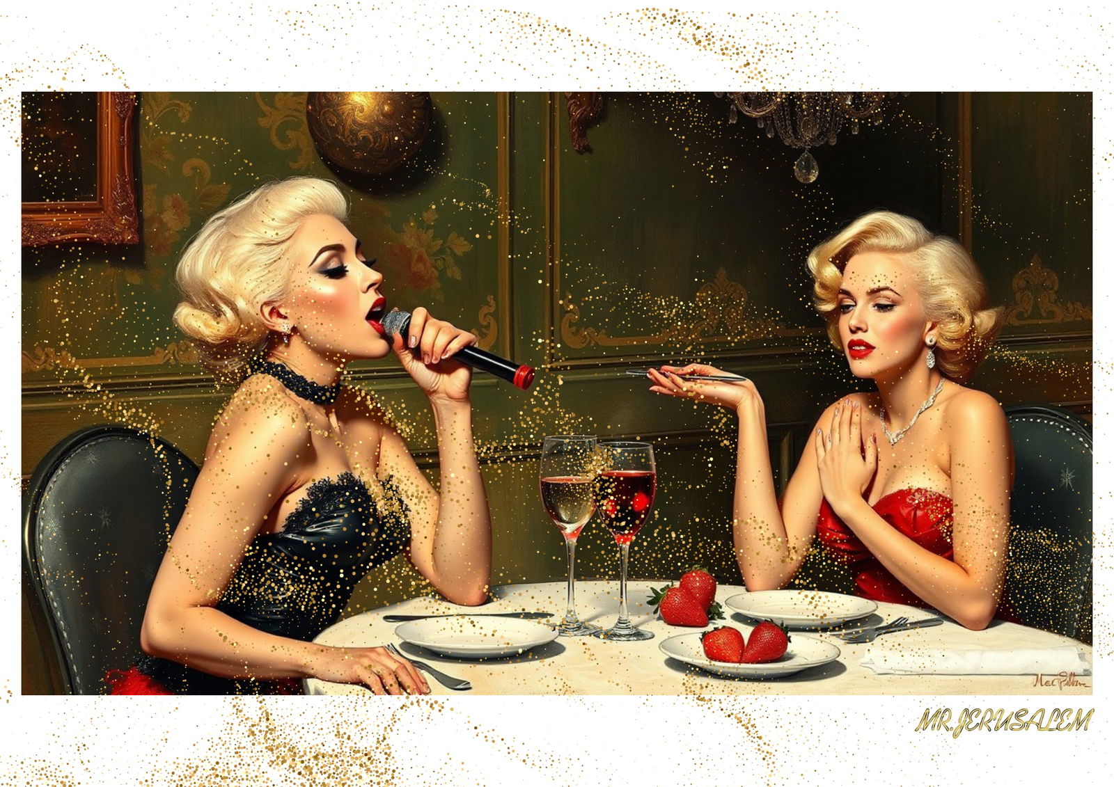 "Mr.Jerusalem, "Lady Gaga having dinner with Marilyn Monroe-D1" "Original, A2 Poster print, st: Original A2 Poster Digital print on paper, Solid Finishing: Classic (250 gsm gloss) Artist Digital signature Stamped / seal Watermark seal Sizes- 420 X594mm Sold unframed