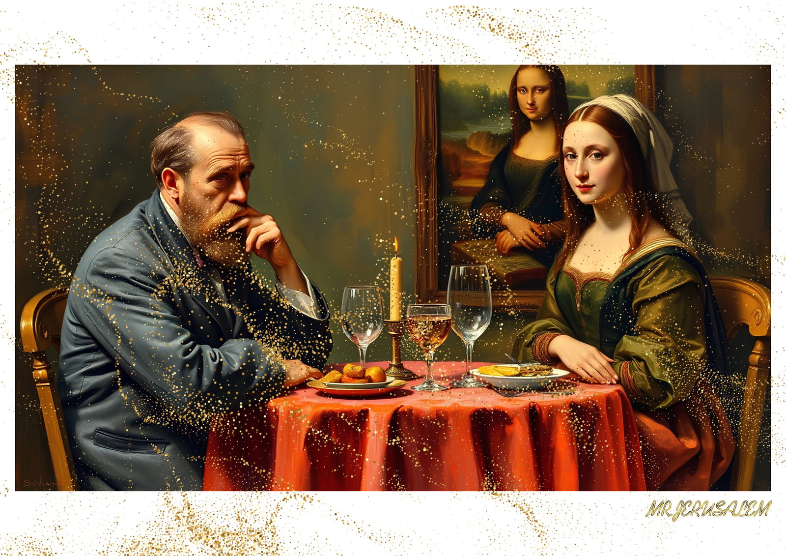 "Mr.Jerusalem, "Edgar Degas having dinner with Mona Lisa-D1" "Original, A2 Poster print, stamp: Original A2 Poster Digital print on paper, Solid Finishing: Classic (250 gsm gloss) Artist Digital signature Stamped / seal Watermark seal Sizes- 420 X594mm Sold unframed