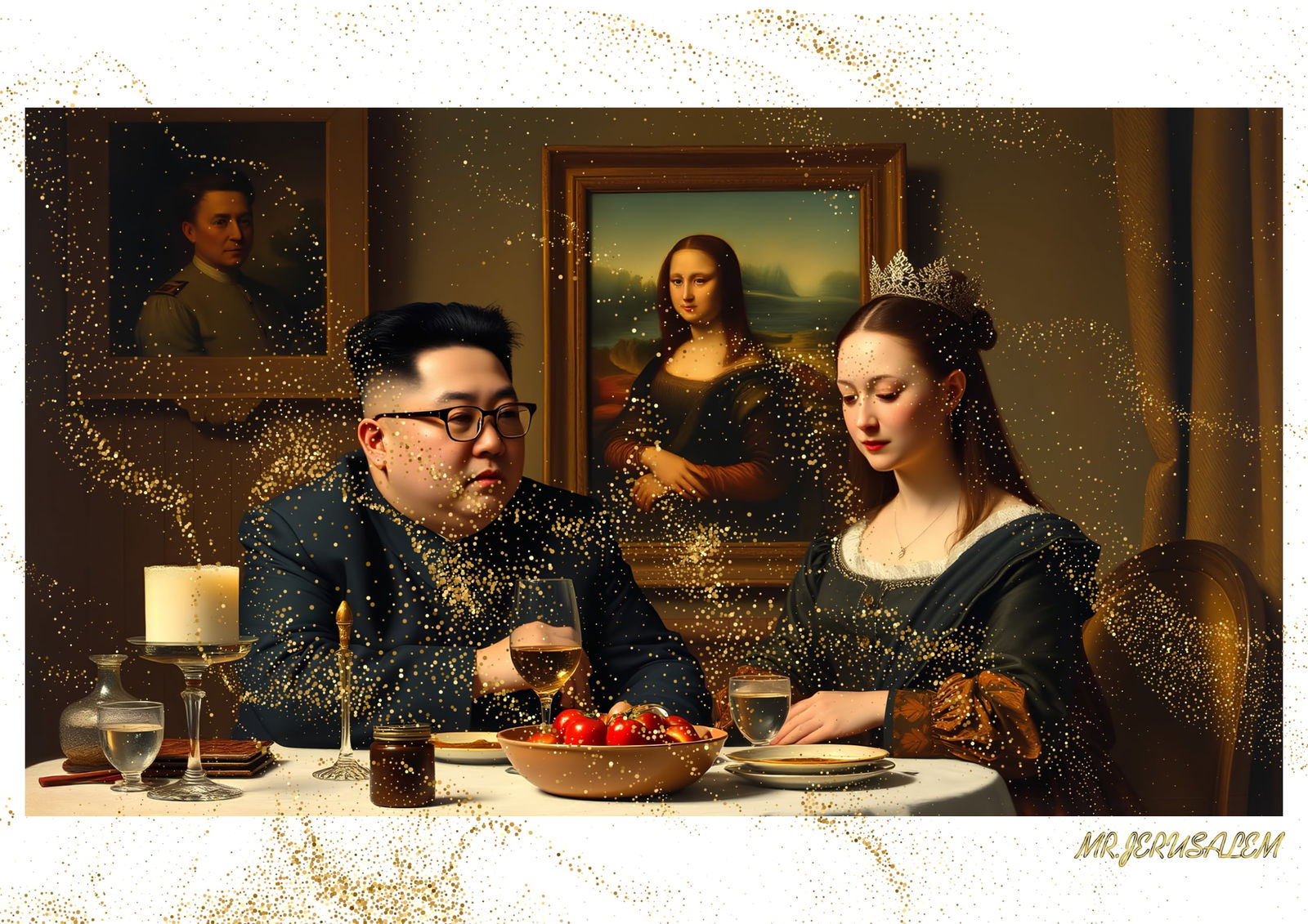 "Mr.Jerusalem, "Kim Jong-il having dinner with Mona Lisa-D1" "Original, A2 Poster print, stamp: Original A2 Poster Digital print on paper, Solid Finishing: Classic (250 gsm gloss) Artist Digital signature Stamped / seal Watermark seal Sizes- 420 X594mm Sold unframed