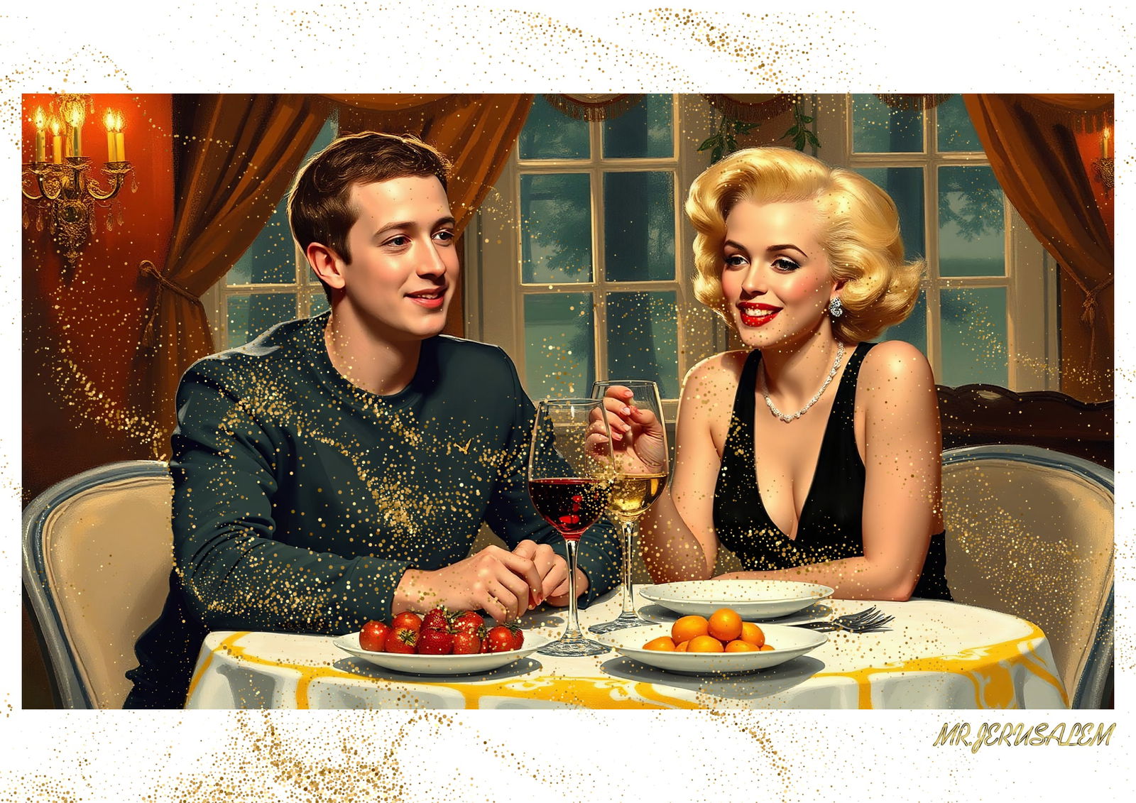 "Mr.Jerusalem, "Mark Zuckerberg having dinner with Marilyn Monroe-D1" "Original, A2 Poster pri: Original A2 Poster Digital print on paper, Solid Finishing: Classic (250 gsm gloss) Artist Digital signature Stamped / seal Watermark seal Sizes- 420 X594mm Sold unframed