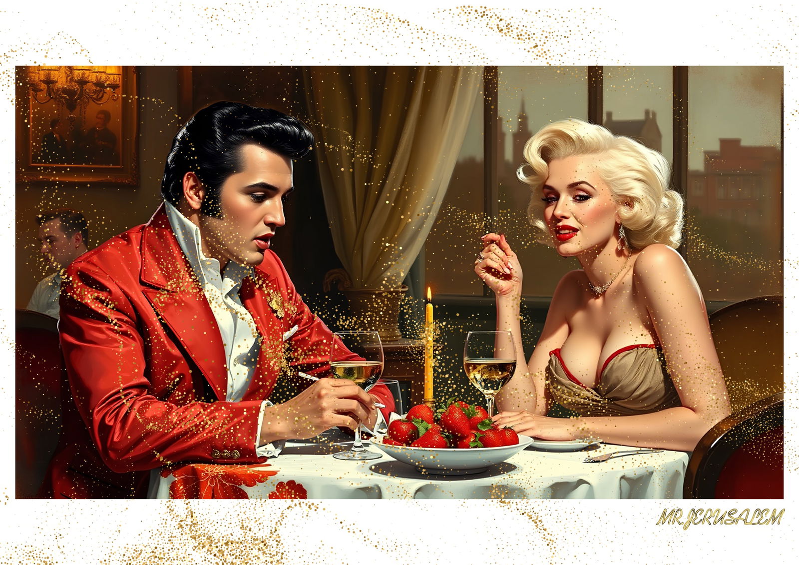 "Mr.Jerusalem, "Elvis Presley having dinner with Marilyn Monroe-D2" "Original, A2 Poster print: Original A2 Poster Digital print on paper, Solid Finishing: Classic (250 gsm gloss) Artist Digital signature Stamped / seal Watermark seal Sizes- 420 X594mm Sold unframed
