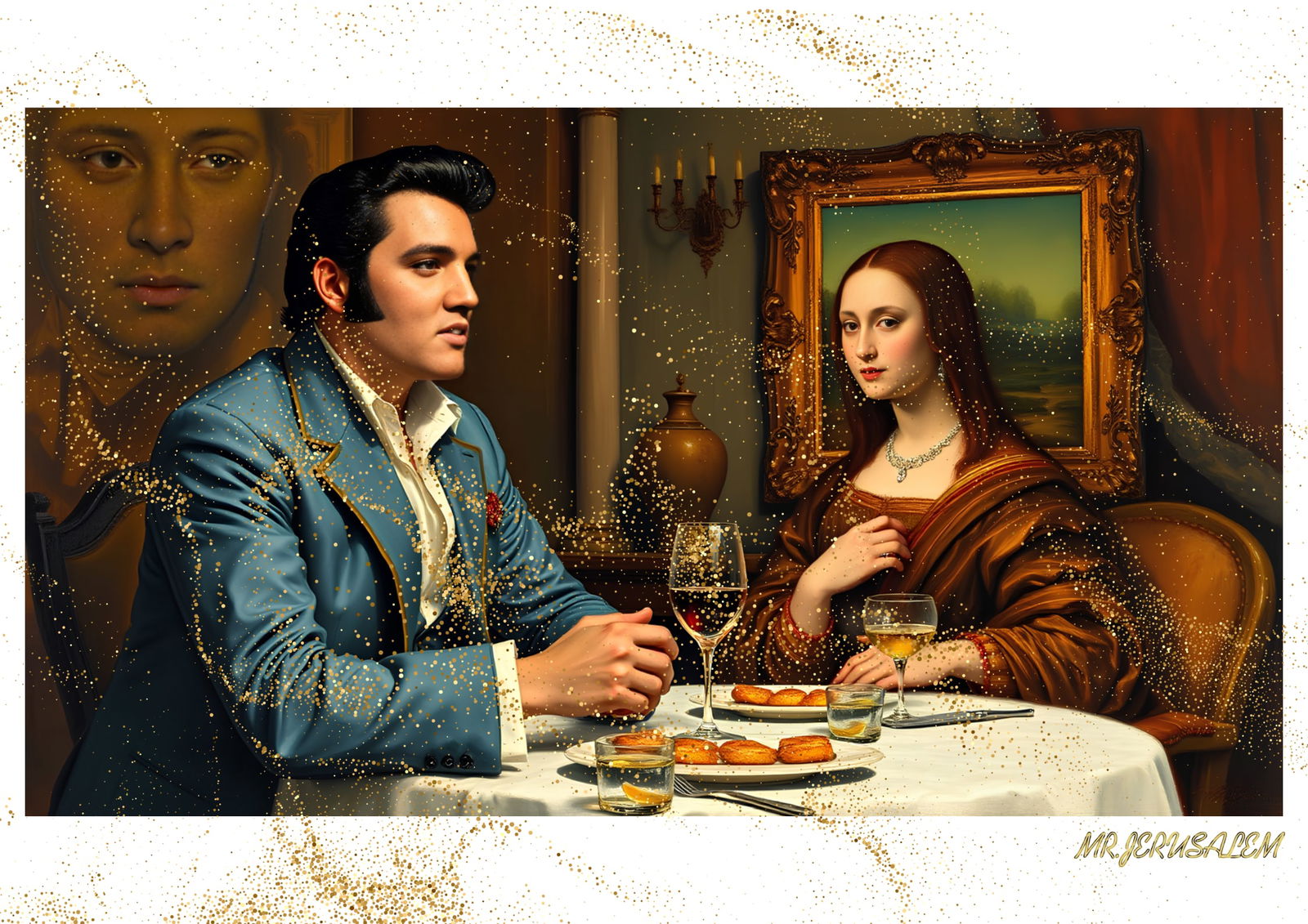 "Mr.Jerusalem, "Elvis Presley having dinner with Mona Lisa-D1" "Original, A2 Poster print, sta: Original A2 Poster Digital print on paper, Solid Finishing: Classic (250 gsm gloss) Artist Digital signature Stamped / seal Watermark seal Sizes- 420 X594mm Sold unframed